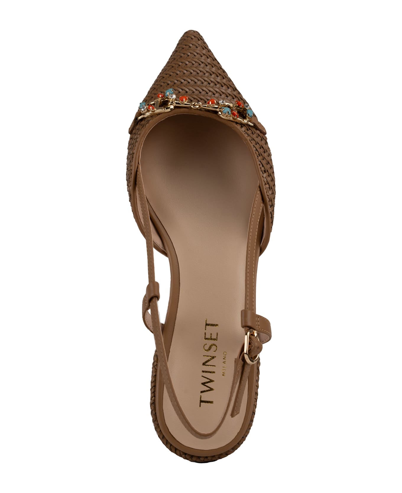 TwinSet Raffia Sandal With Jeweled Clamp - Brown
