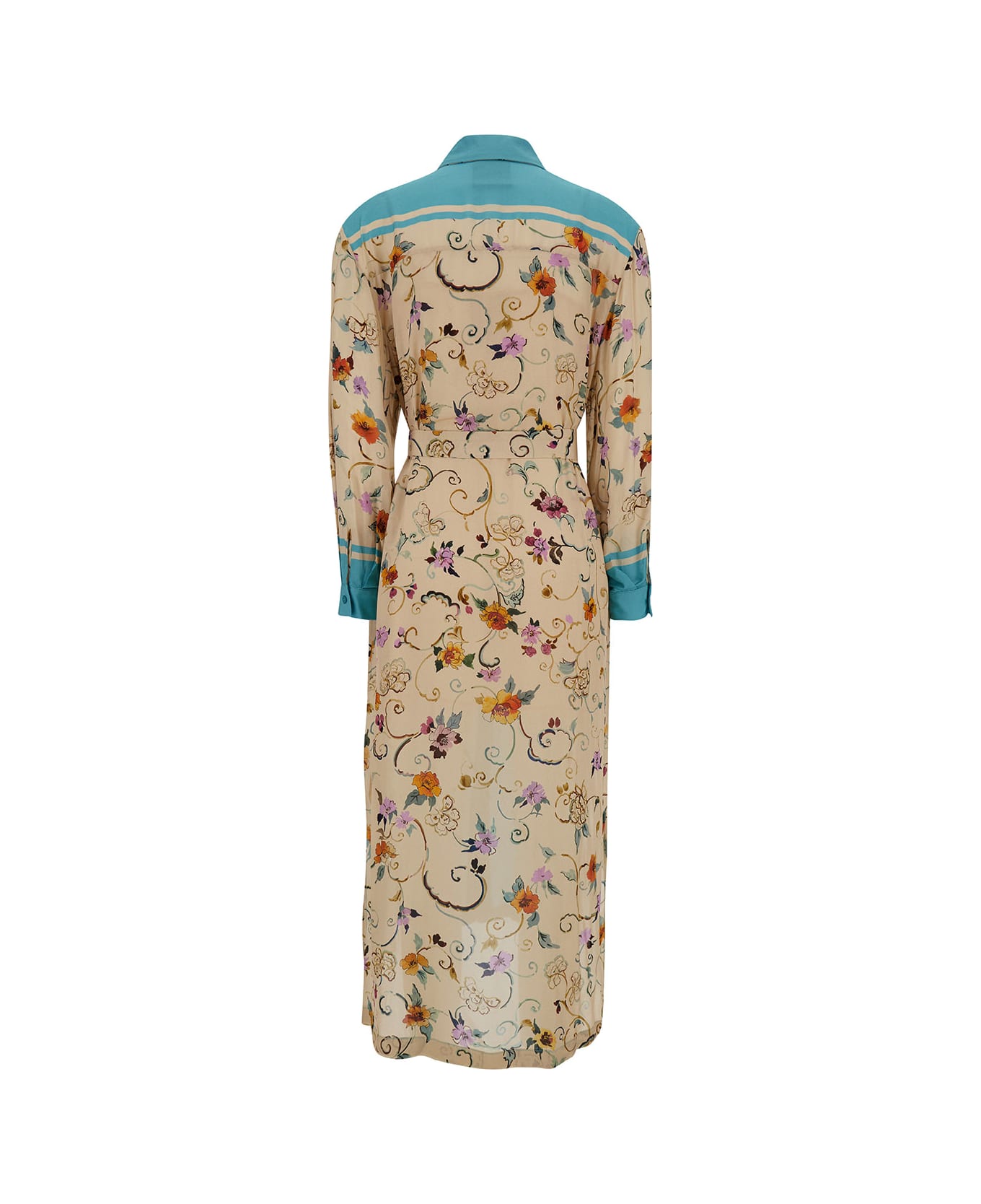 SEMICOUTURE Long Beige And Light Blue Chemisier Dress With Floreal Print And Belt In Viscose Woman - Blue