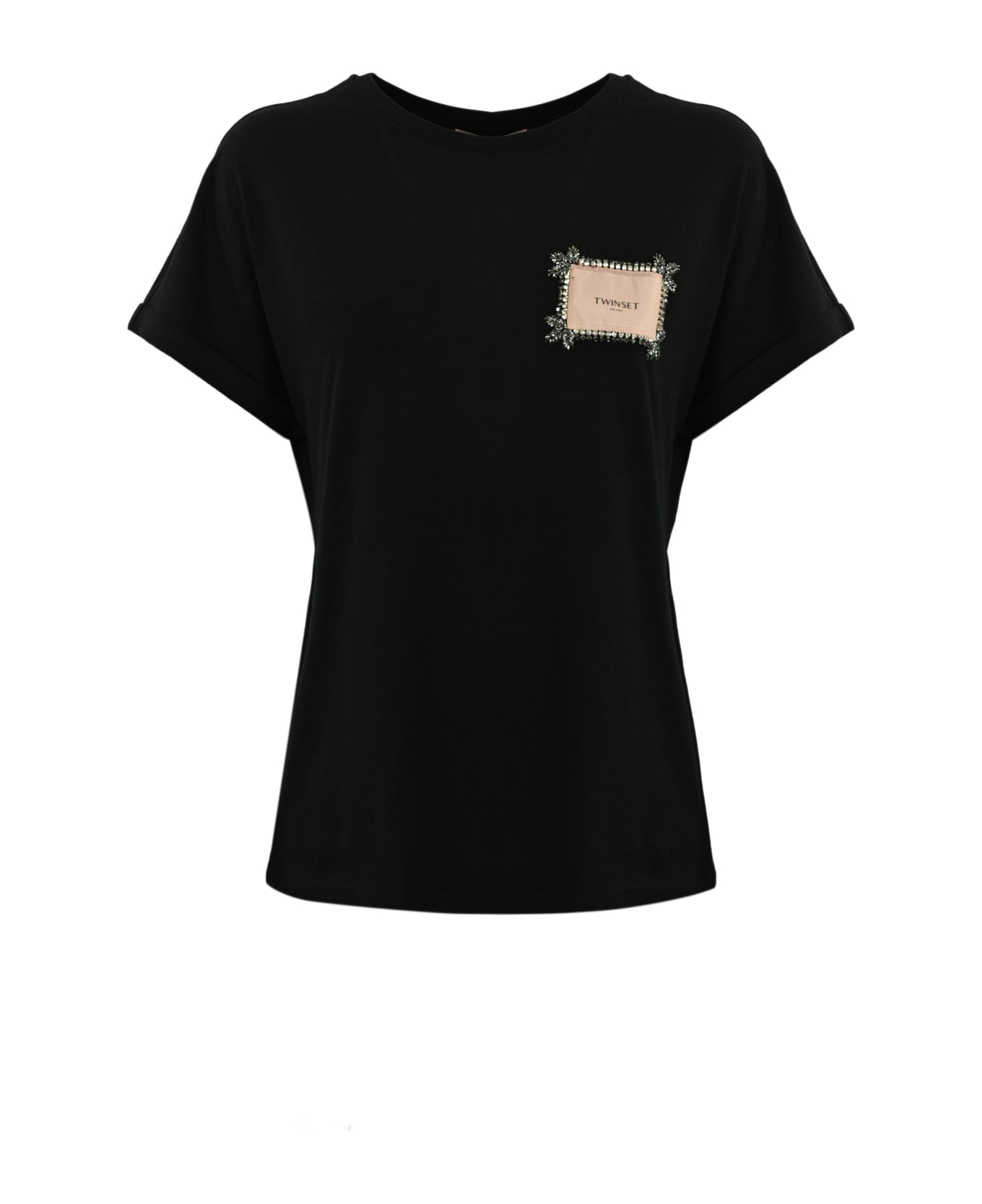 TwinSet T-shirt With Label And Rhinestones - Nero