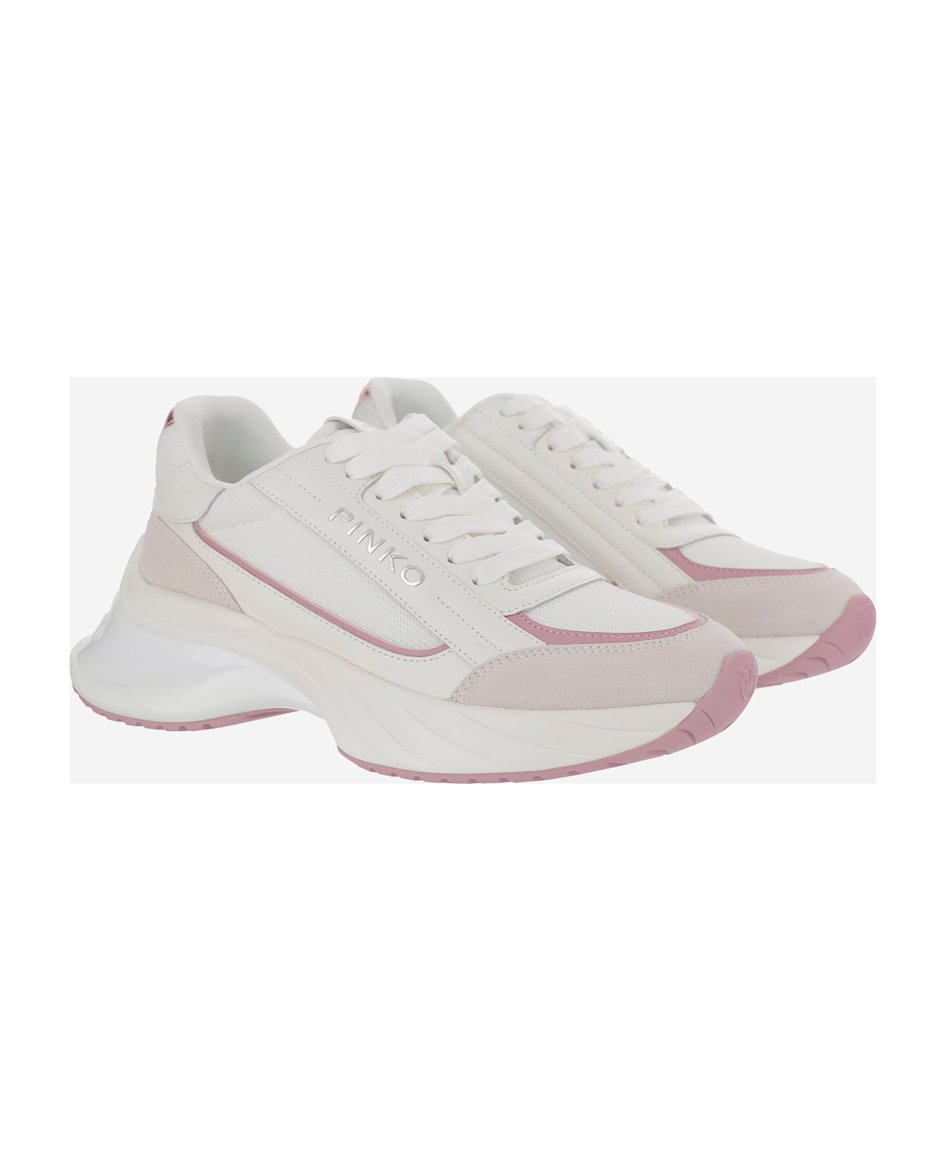 Pinko Mesh And Leather Sneakers With Logo - White