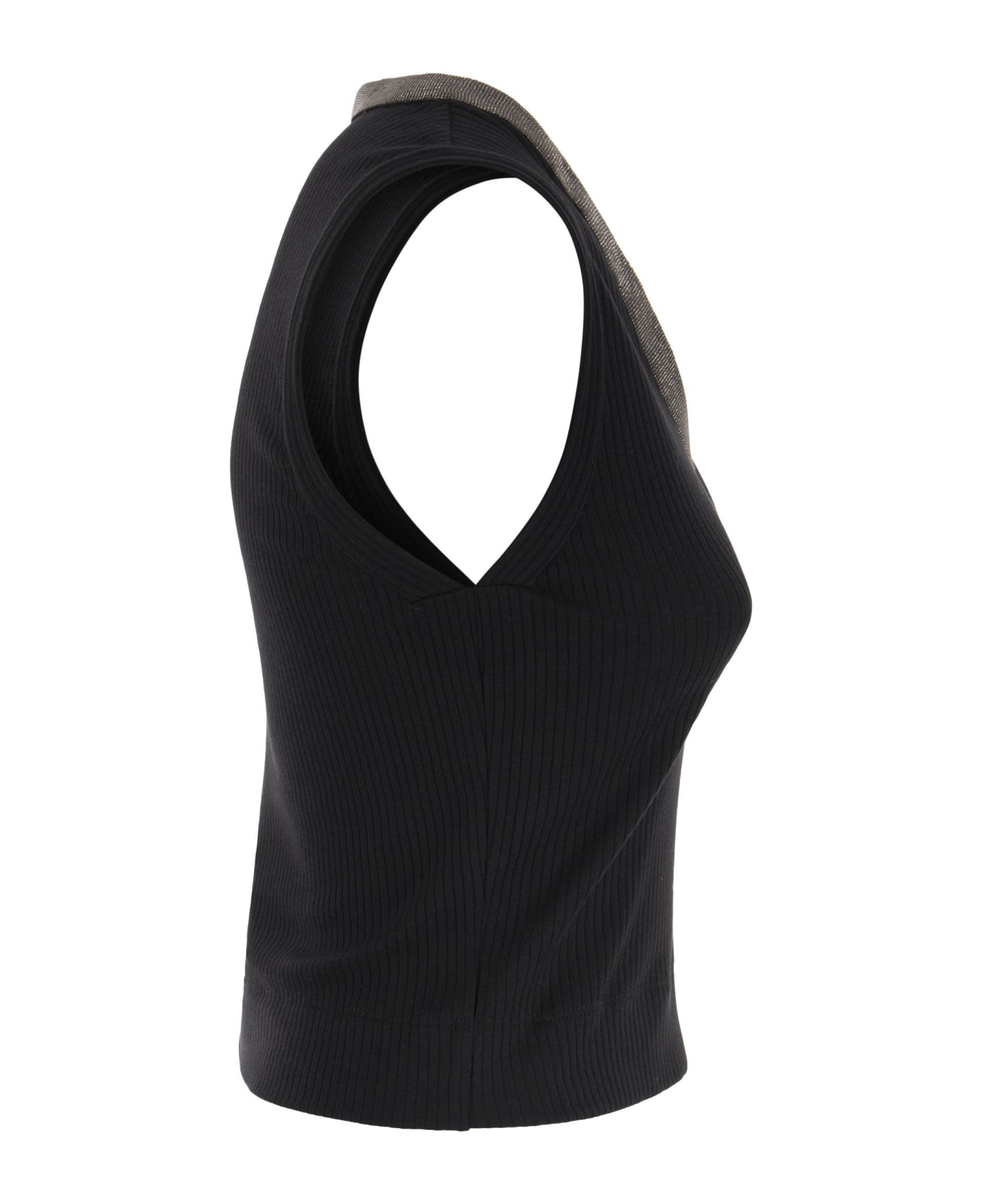 Brunello Cucinelli Stretch Cotton Rib Jersey Top With Shiny Collar - Black ベスト