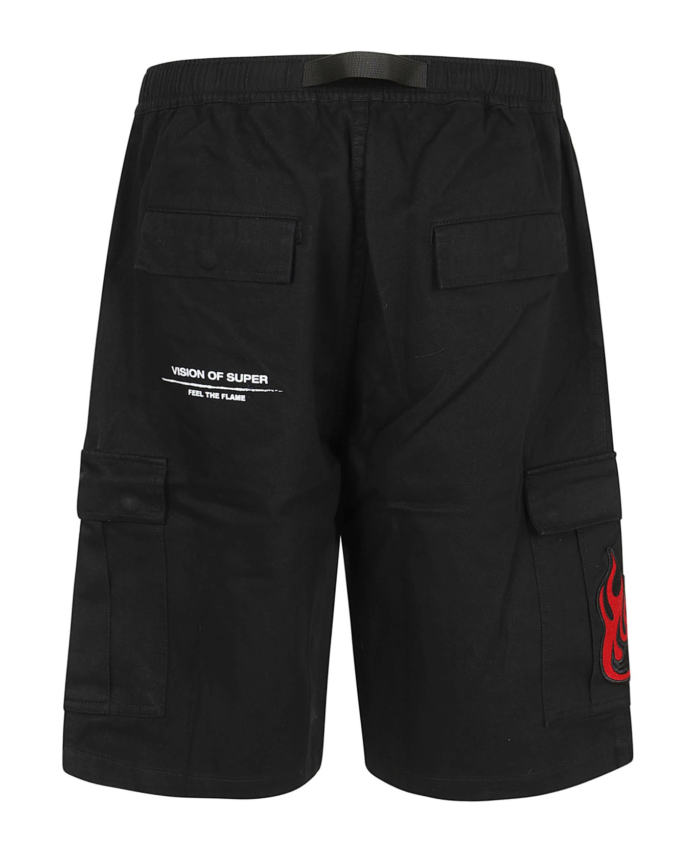Vision of Super Black Cargo Shorts With Flames Patch And Printed Logo - Black ショートパンツ