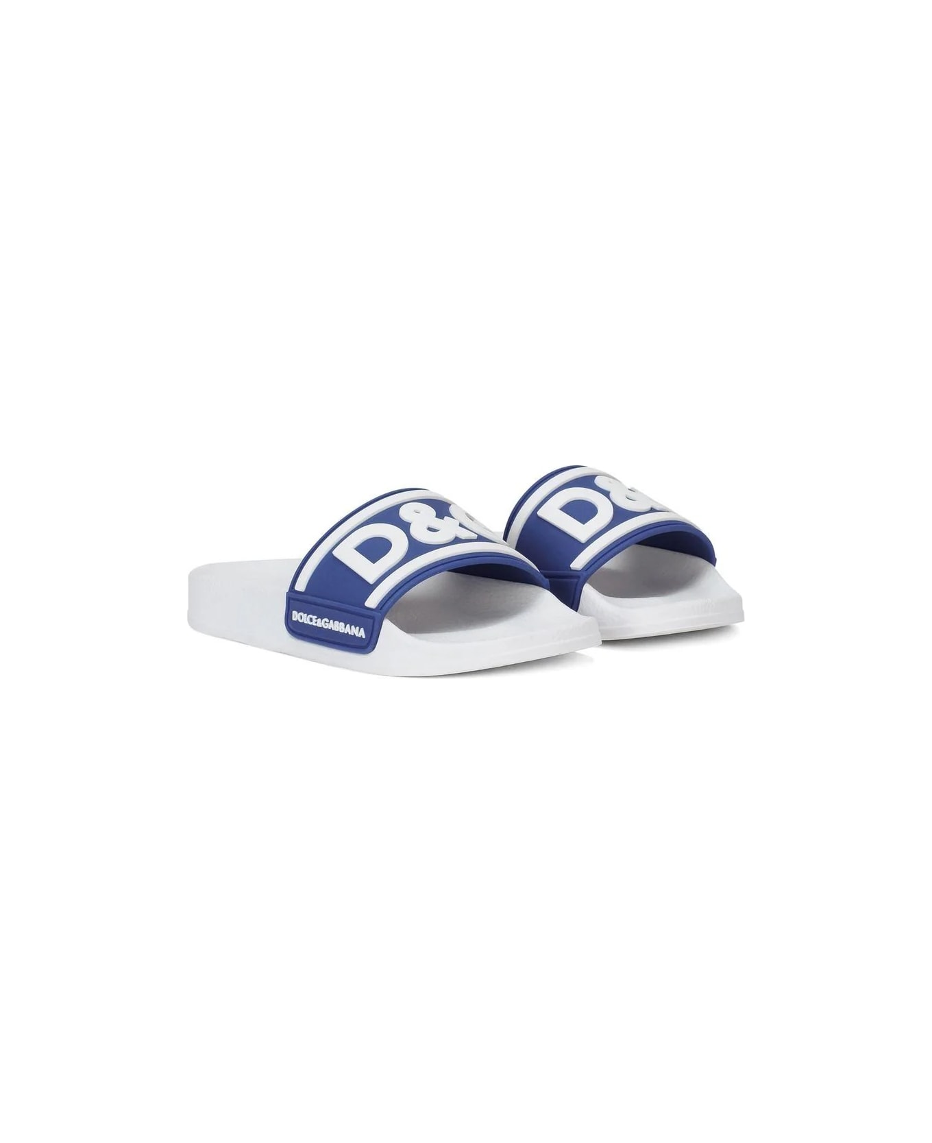Dolce & Gabbana White And Blue Rubber Slide With Logo Print - White
