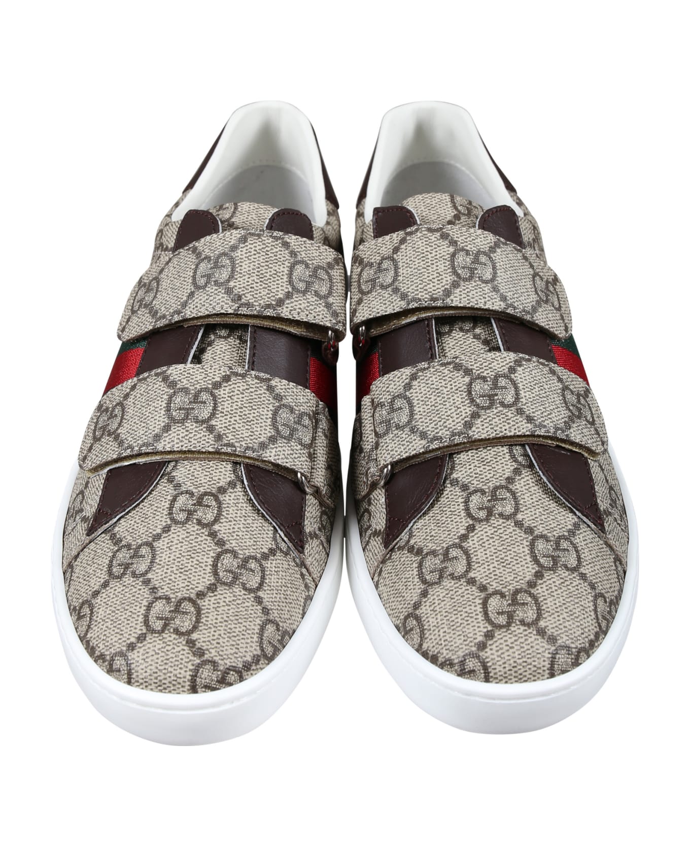 Gucci Brown Ace Sneakers For Kids With All-over Gg Logo - Brown