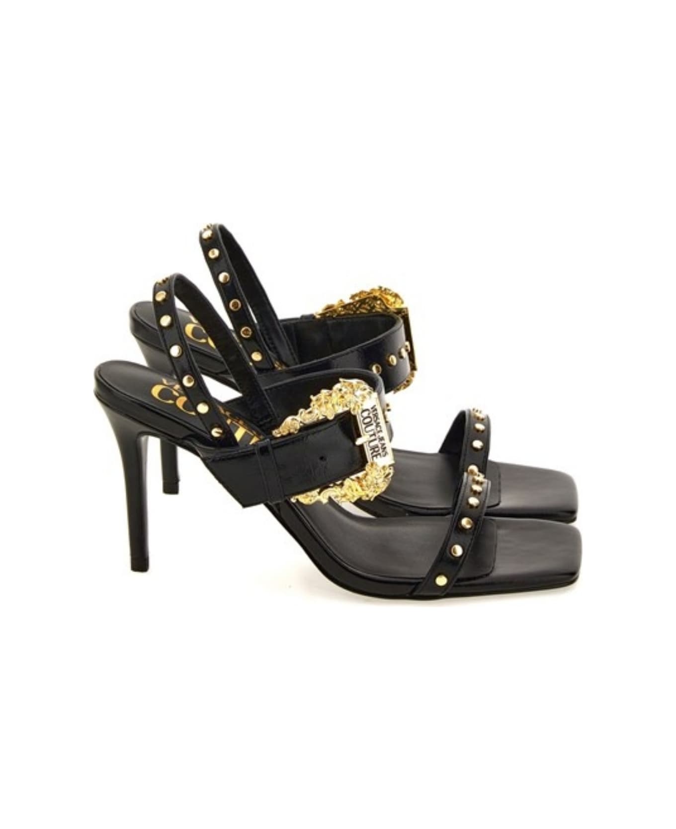 Versace Jeans Couture Open Sandals With Gold Buckle - Black