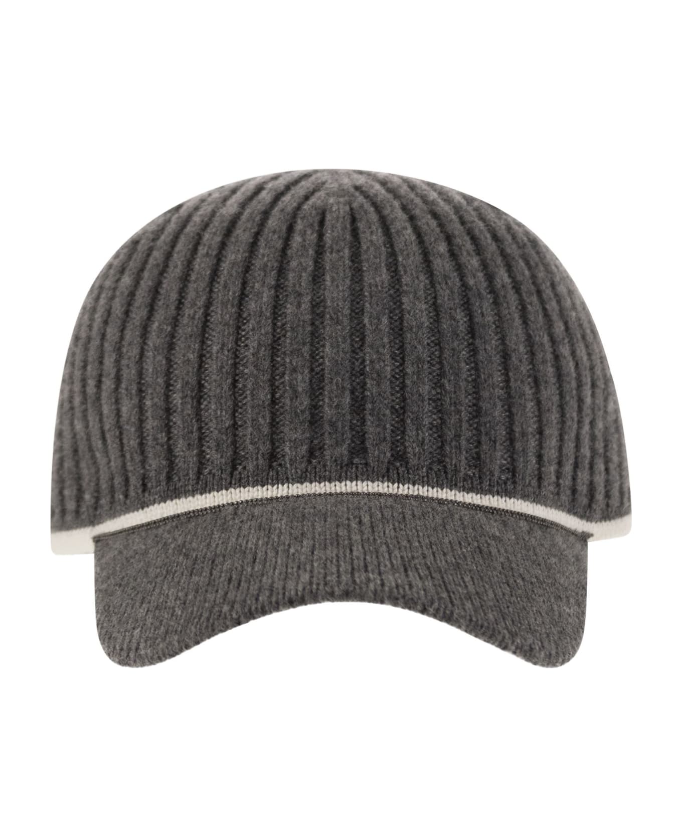 Brunello Cucinelli Ribbed Virgin Wool, Cashmere And Silk Knit Baseball Cap With Jewel - Anthracite
