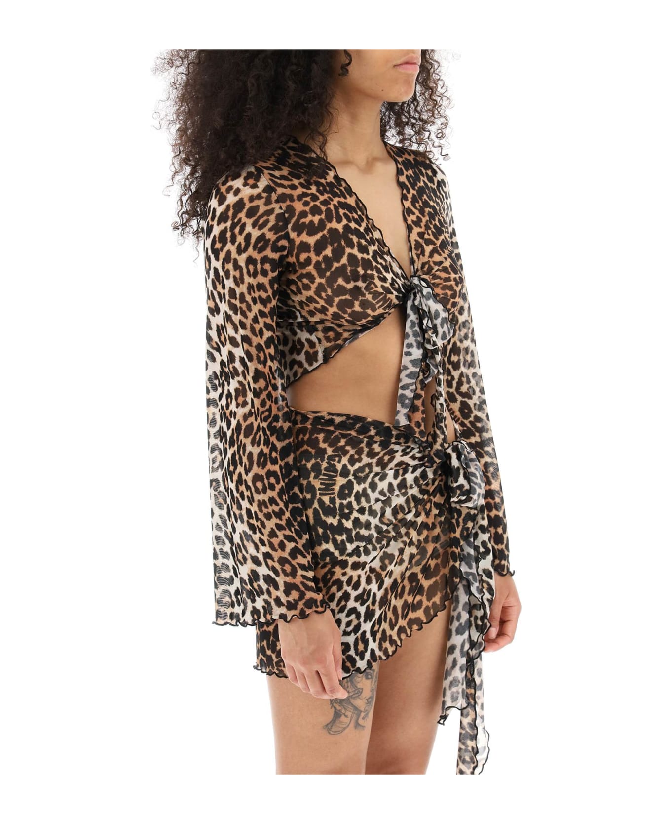 Ganni Cover Up Cropped Top In Mesh With Leopard Print - LEOPARD (Beige) トップス