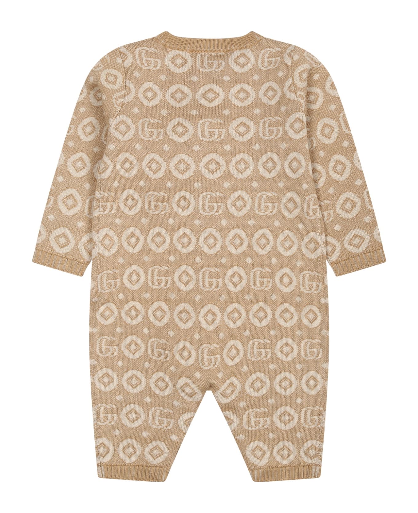 Gucci Beige Jumpsuit For Babies With Print And Logo - Beige