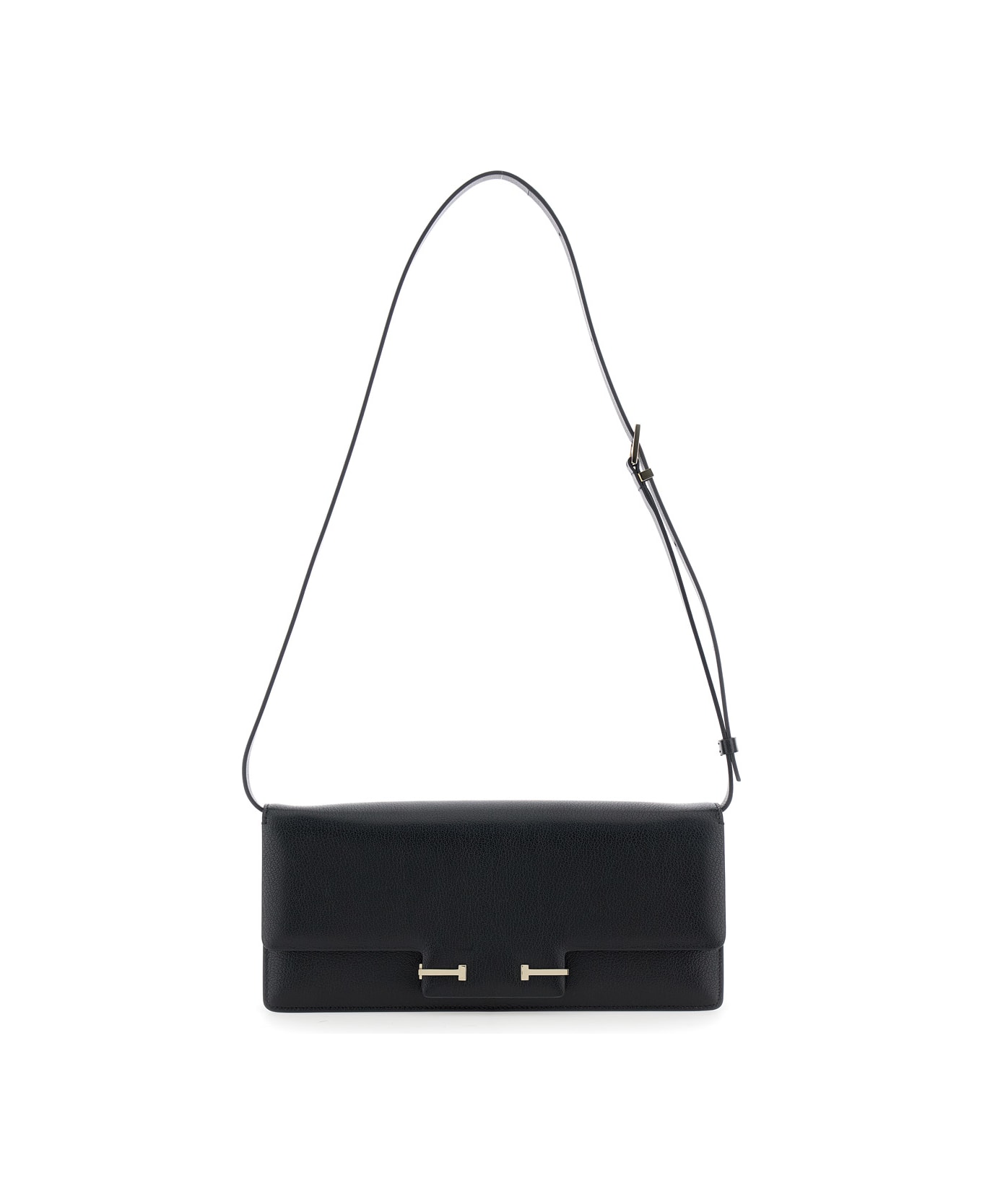 Tom Ford Black Crossbody Bag With Adjustable Shoulder Strap And T Plaque Closure In Grained Leather Woman - Black