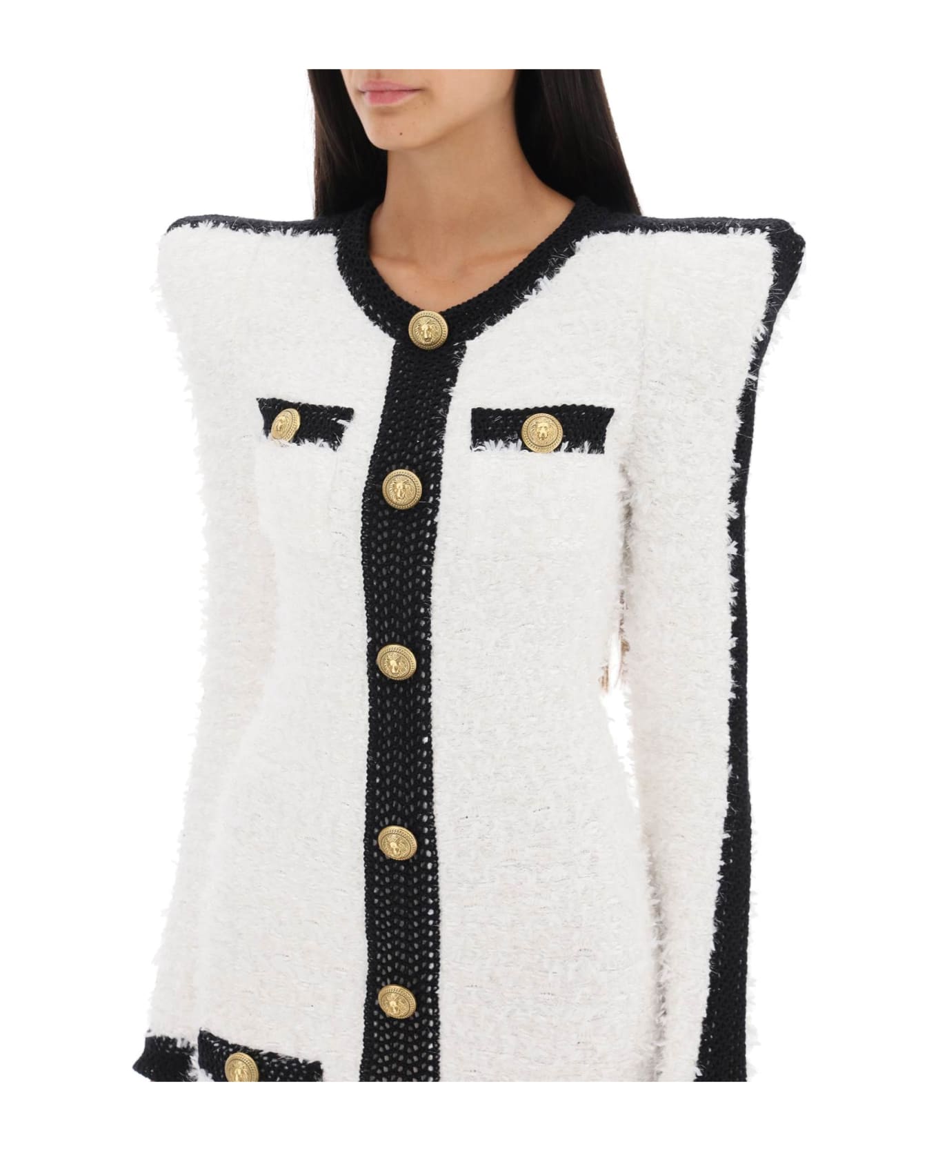 Balmain Bouclè-tweed Dress With Pointy Shoulders - White