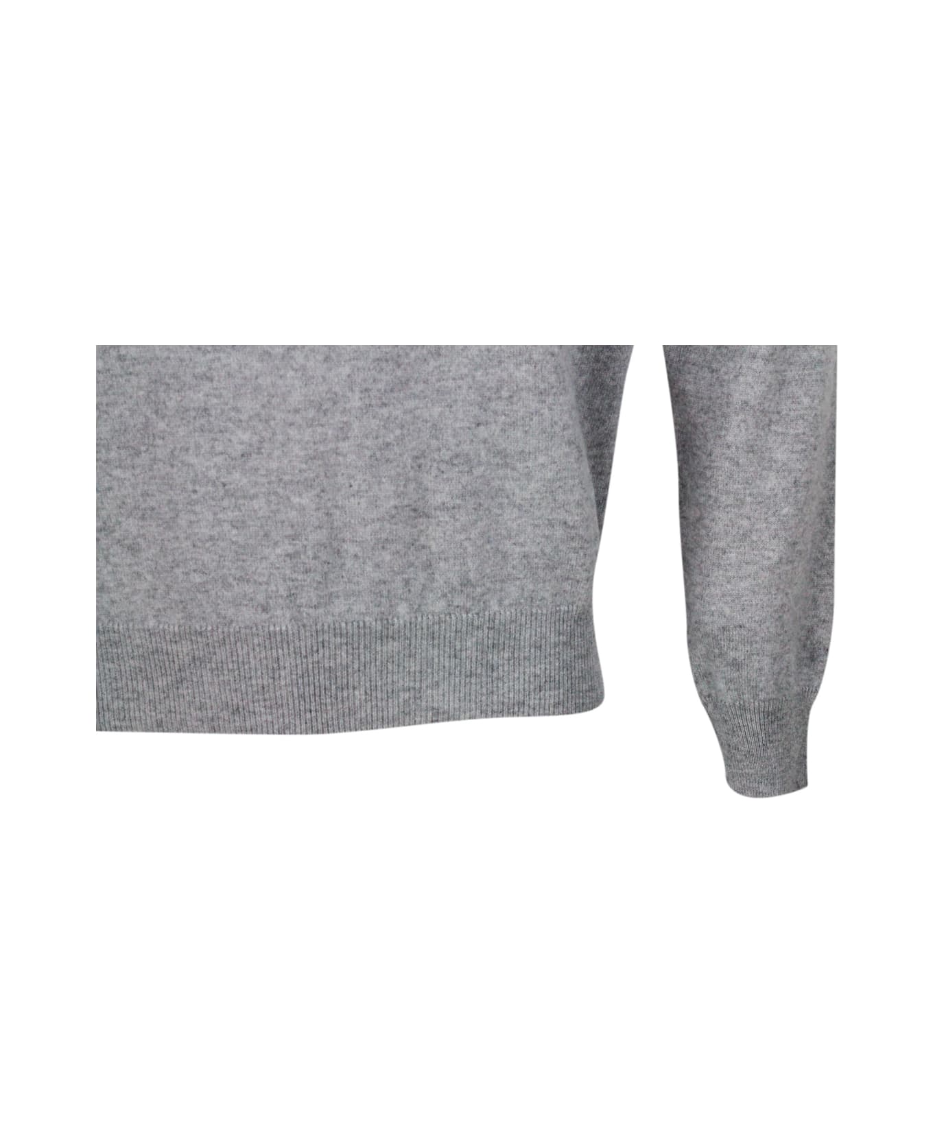 Colombo Long-sleeved V-neck Sweater In Fine 2-ply 100% Kid Cashmere With Special Processing On The Edge Of The Neck - Grey