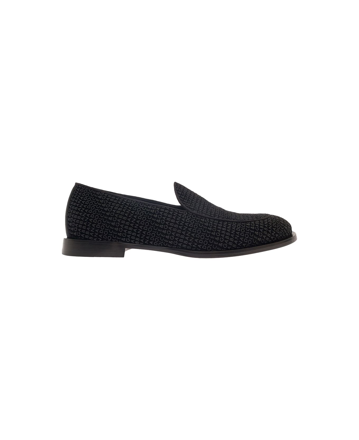 Dolce & Gabbana 'vivaldi' Black Loafers With All-over Logo Lettering In Velvet Man - Black ローファー＆デッキシューズ