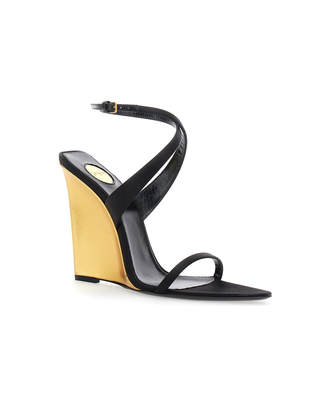 Saint Laurent Black Wedges With Criss-crossed Ankle Strap In Viscose And Silk Blend Woman - BLACK