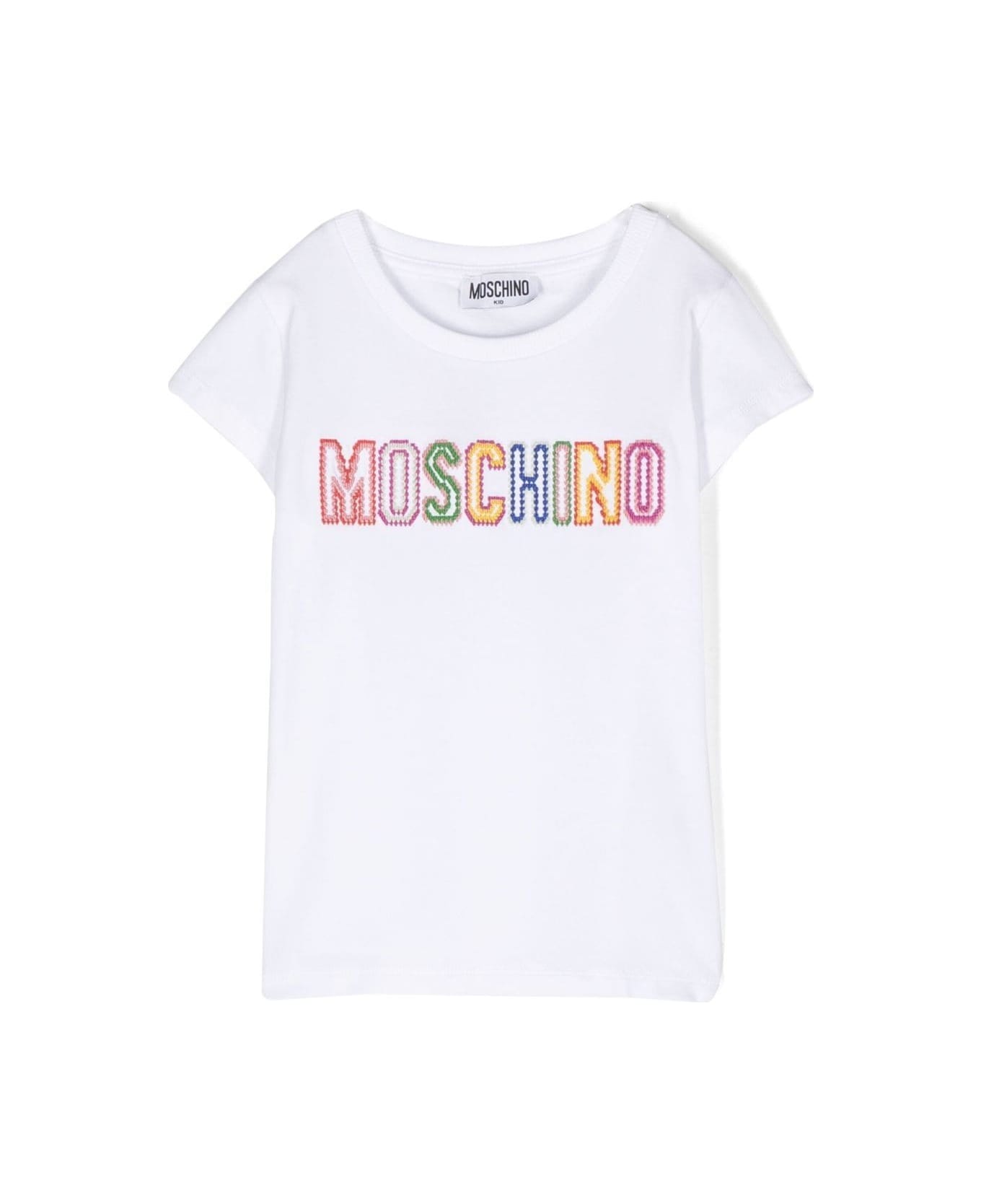 Moschino White Crewneck T-shirt With Multicolor Lettering Embroidery In Stretch Cotton Moschino Kids - White