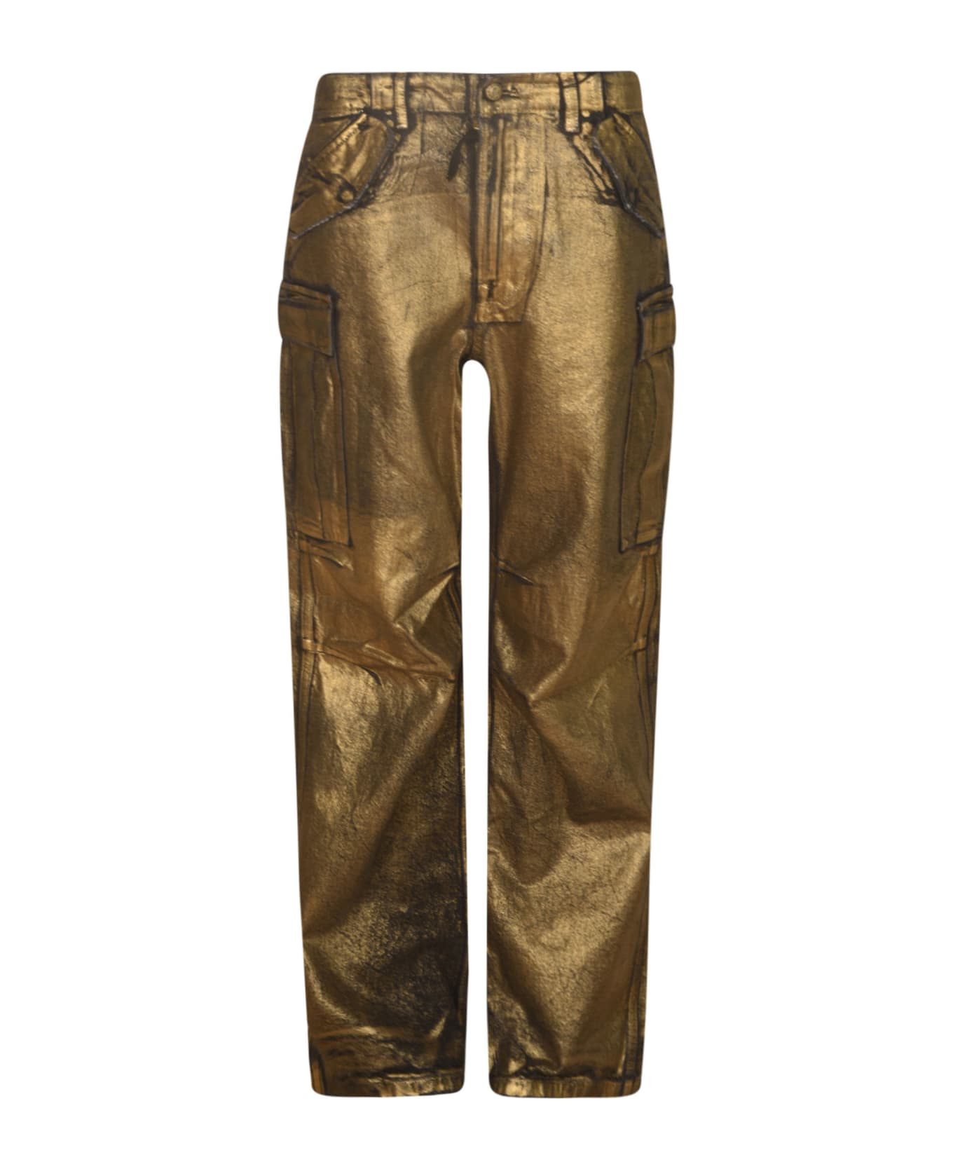 R13 Cargo Buttoned Belted Trousers - Black/Vintage Gold