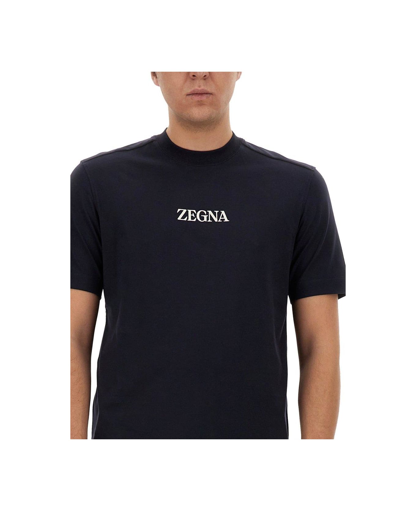 Zegna Logo Detailed Crewneck T-shirt - BLUE