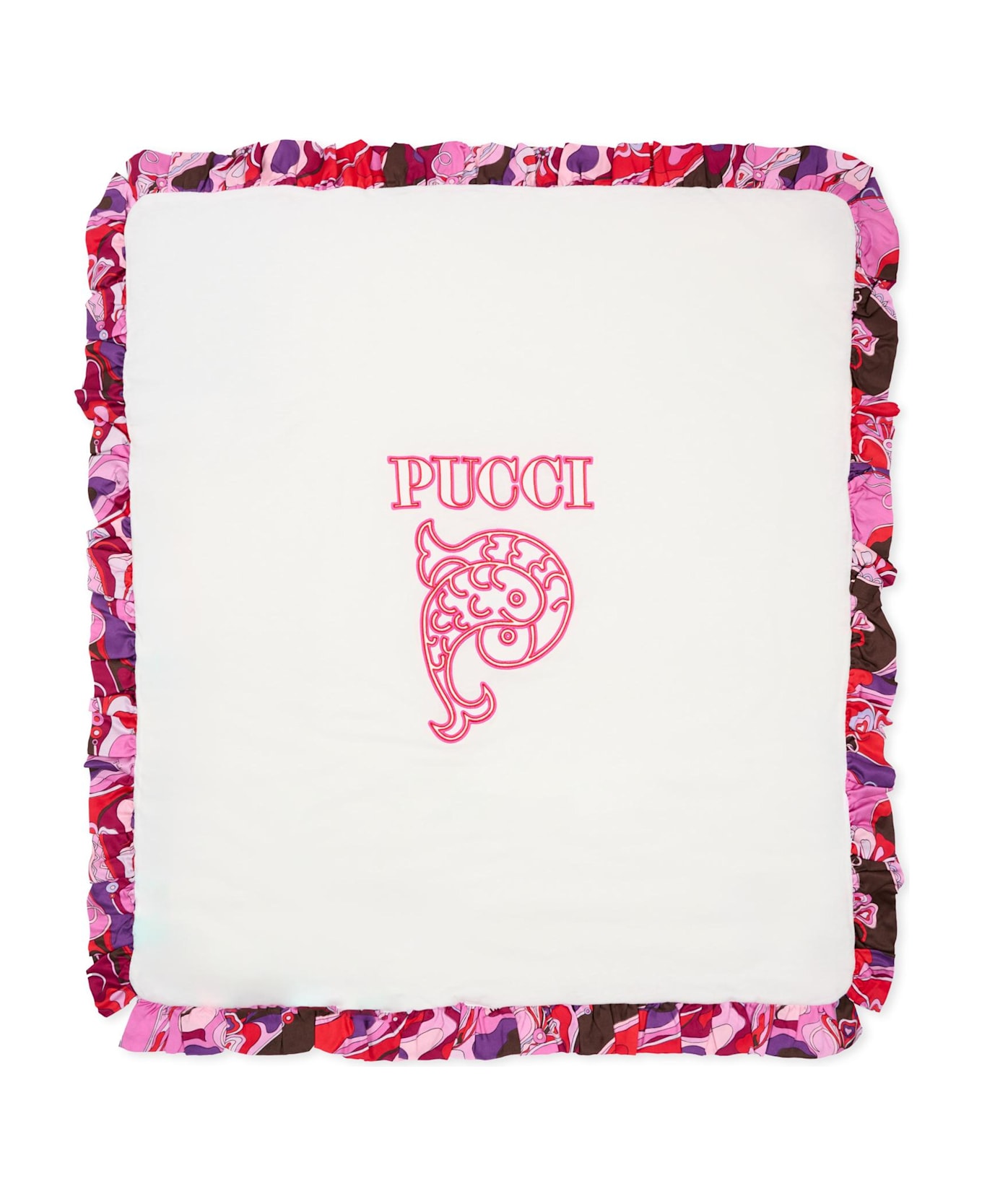 Pucci White Ruffled Blanket For Baby Girl - Ivory