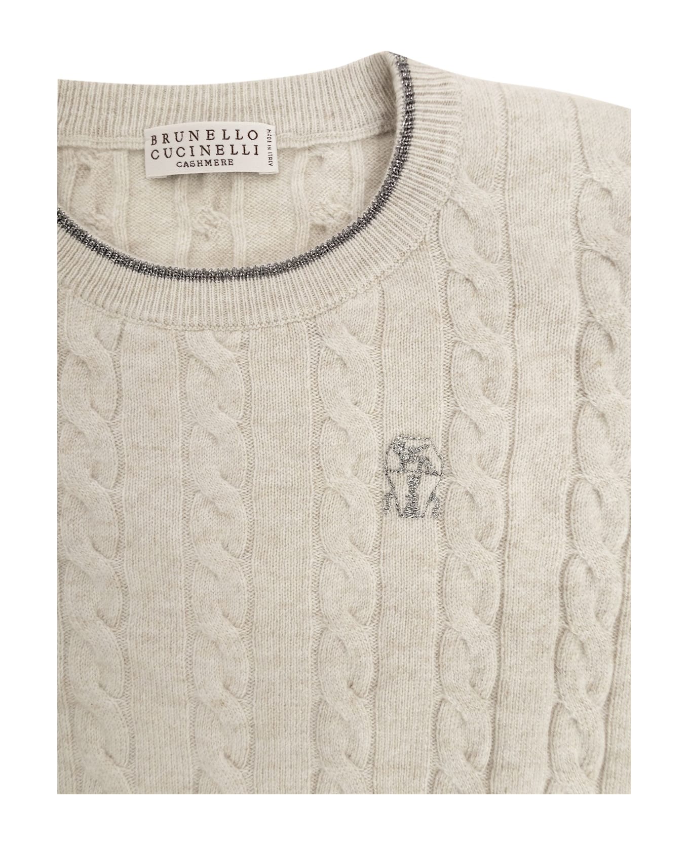 Brunello Cucinelli Braided Cashmere Sweater With Embroidered Logo - Grey