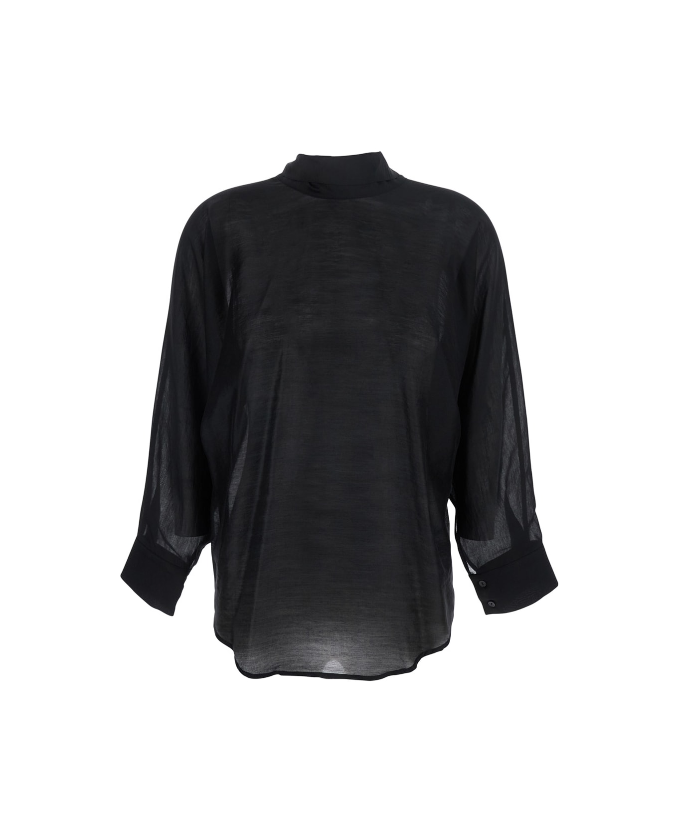Merci Black Shirt With Pussybow Collar And Buttoned Cuffs In Fabric Woman - Black