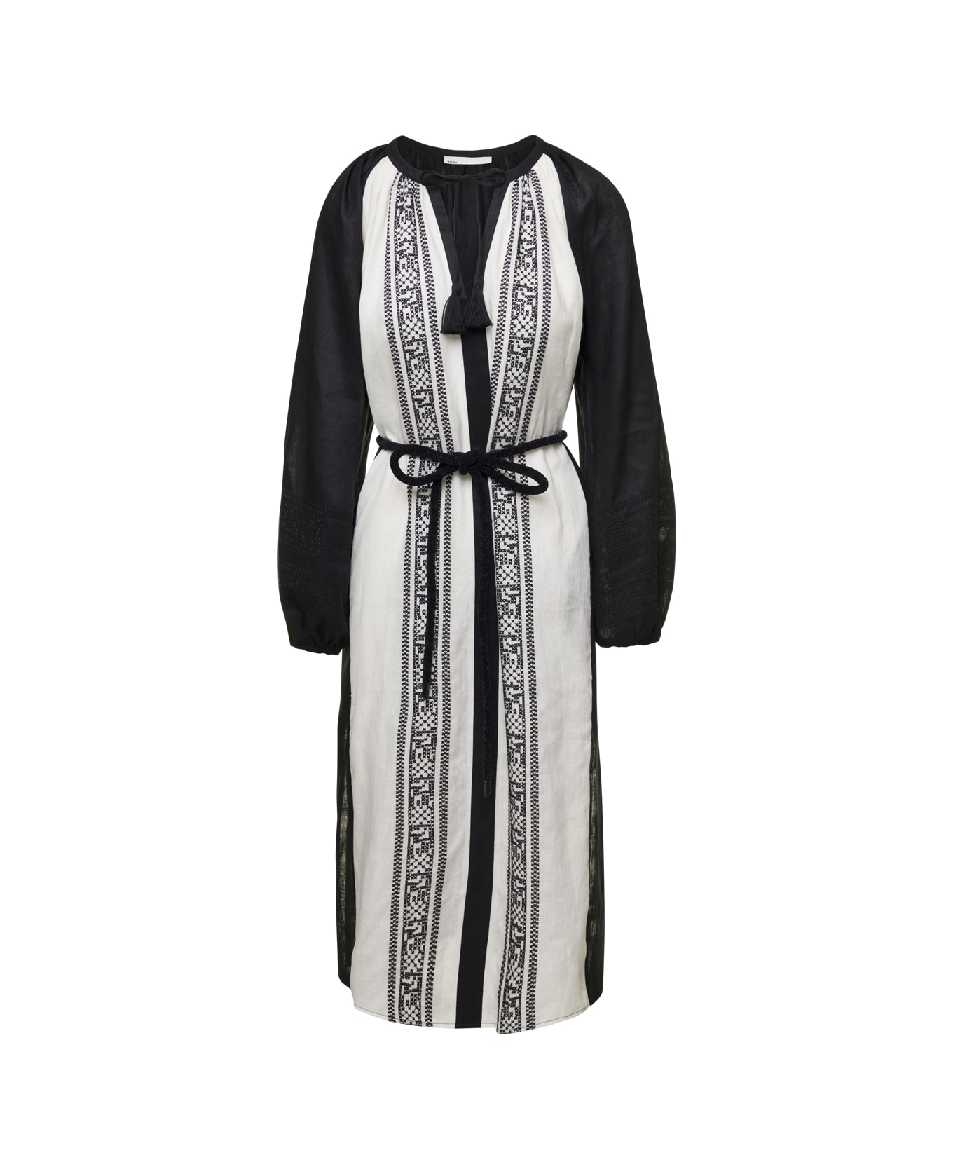Tory Burch Black And White Embroidered Caftan With Tie And Tassels In Linen Woman Tory Burch - Black