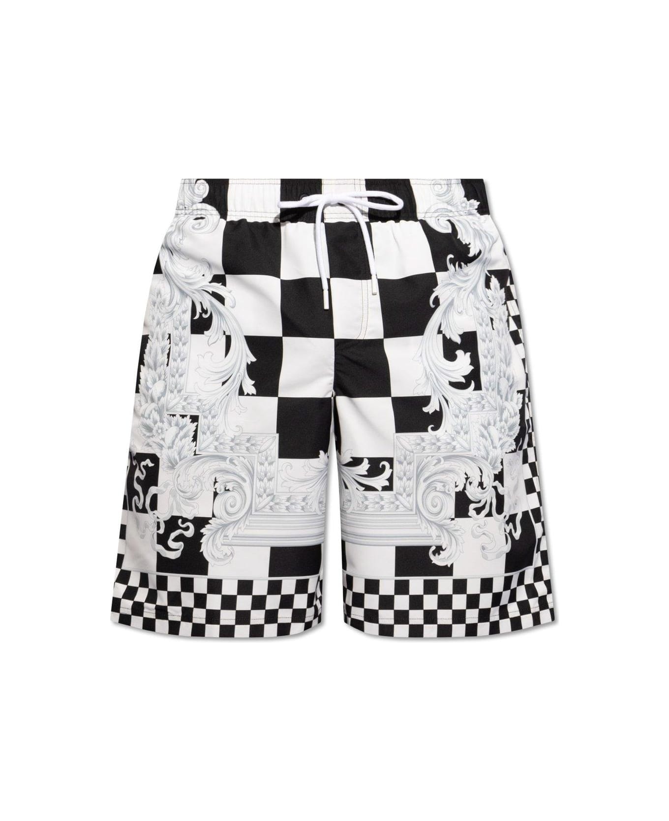 Versace Check-printed Drawstring Swim Shorts - Nero e Bianco ショートパンツ