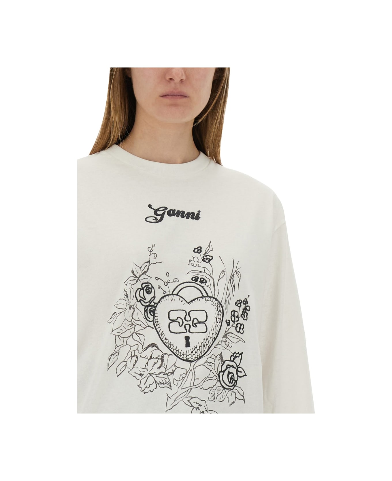Ganni Cotton Embroidered T-shirt - WHITE