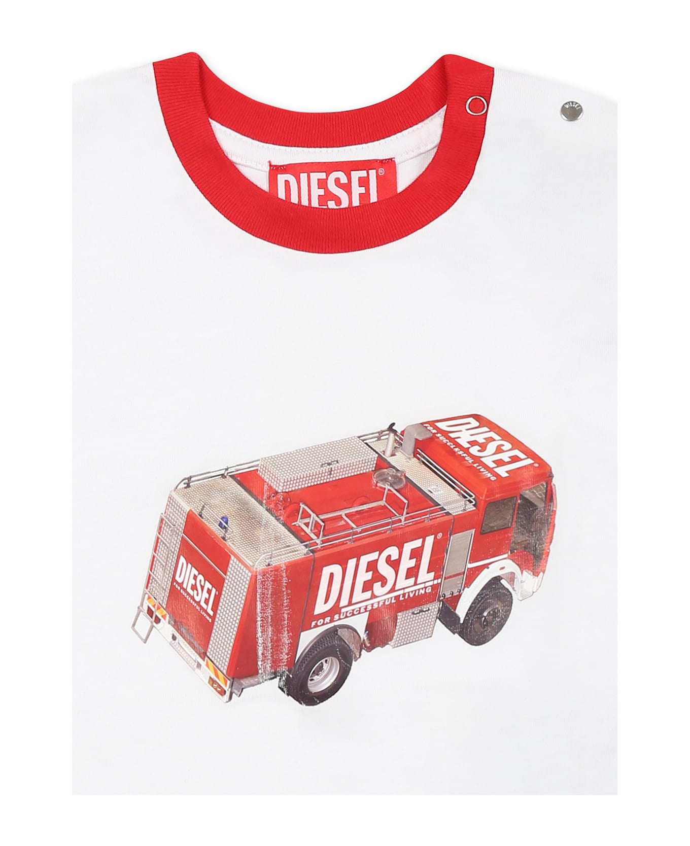 Diesel White T-shirt For Baby Boy With Fire Truck Print - White
