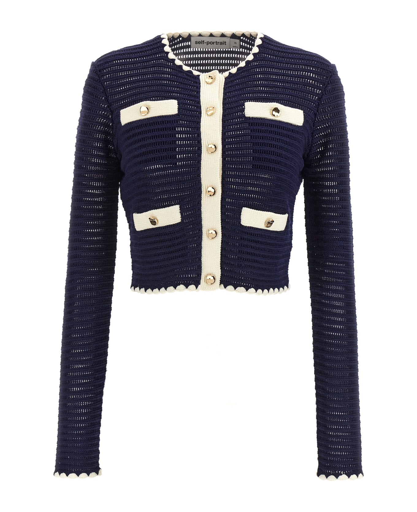 self-portrait 'navy Crochet Contrast Trim' Cardigan - Blue