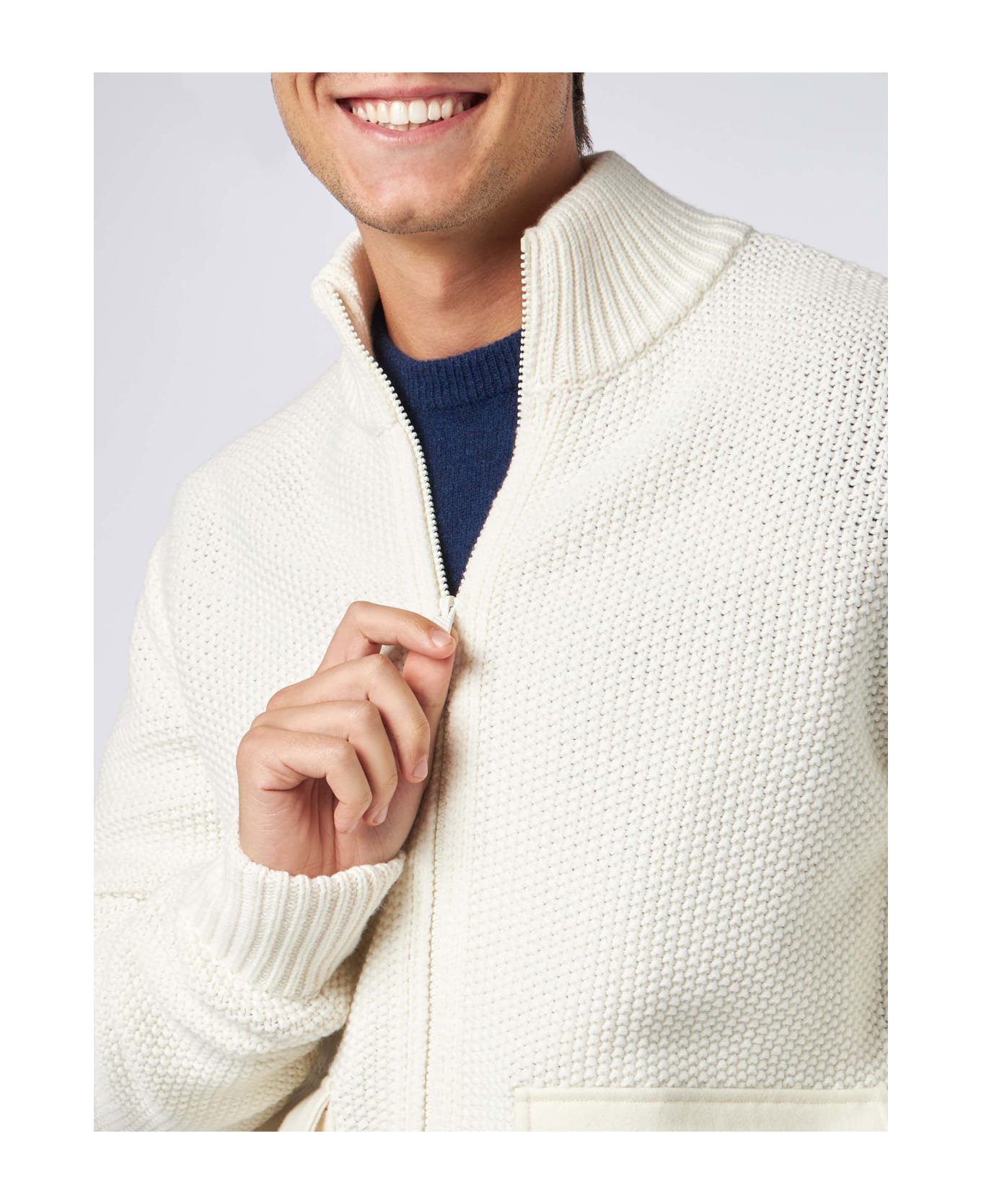 MC2 Saint Barth Man Knitted Bomber With Felt Pockets - WHITE