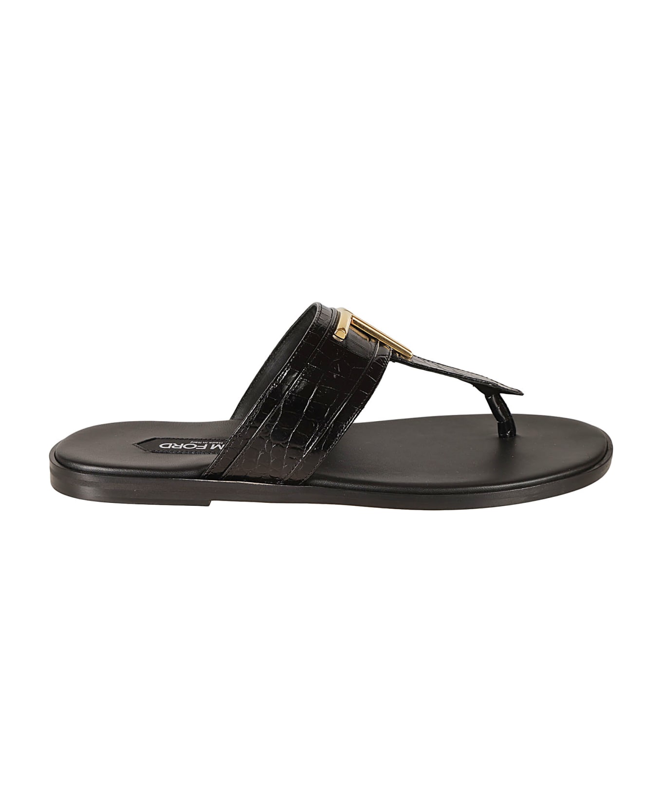 Tom Ford Croco Embossed T Plaque Sandals - Black