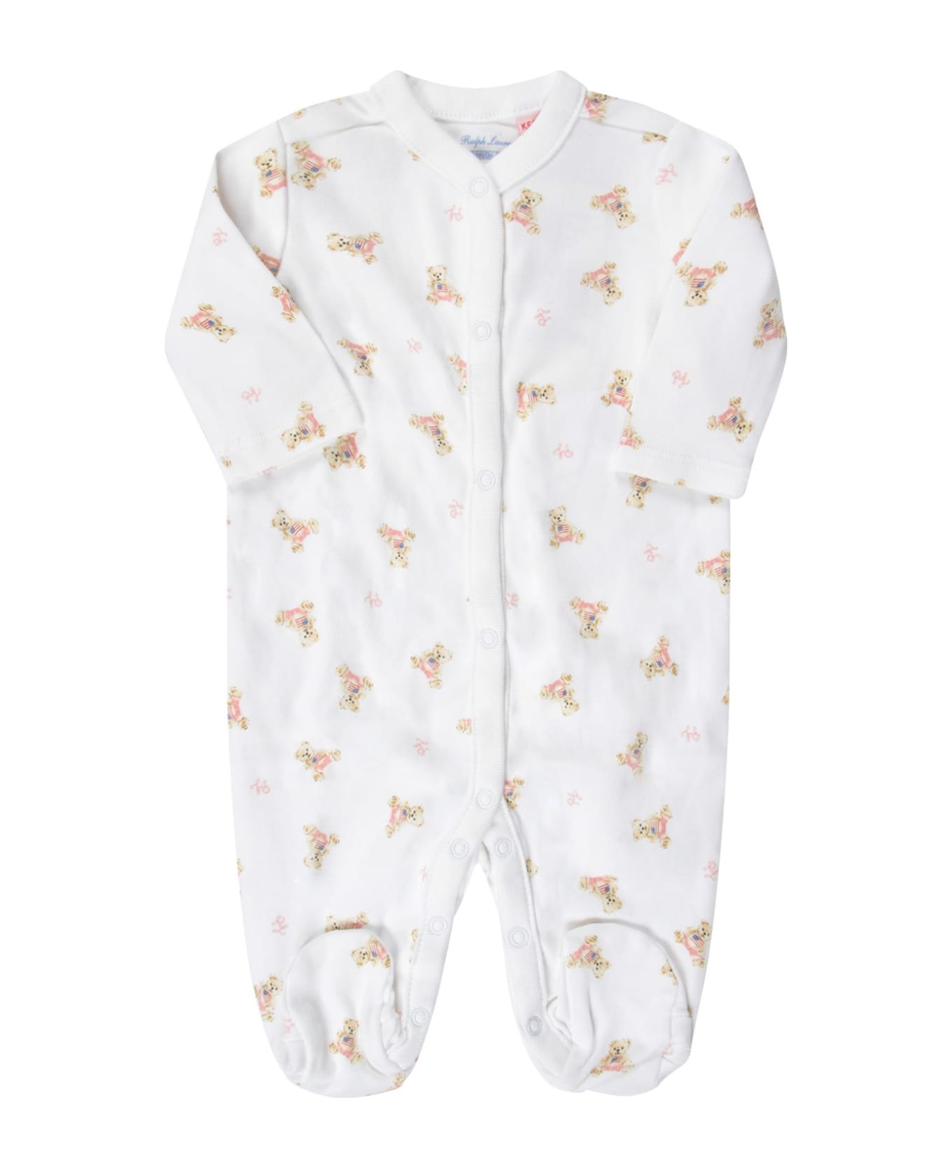 Ralph Lauren White Babygrow For Baby Girl With Pink Logo And Teddy Bear - White