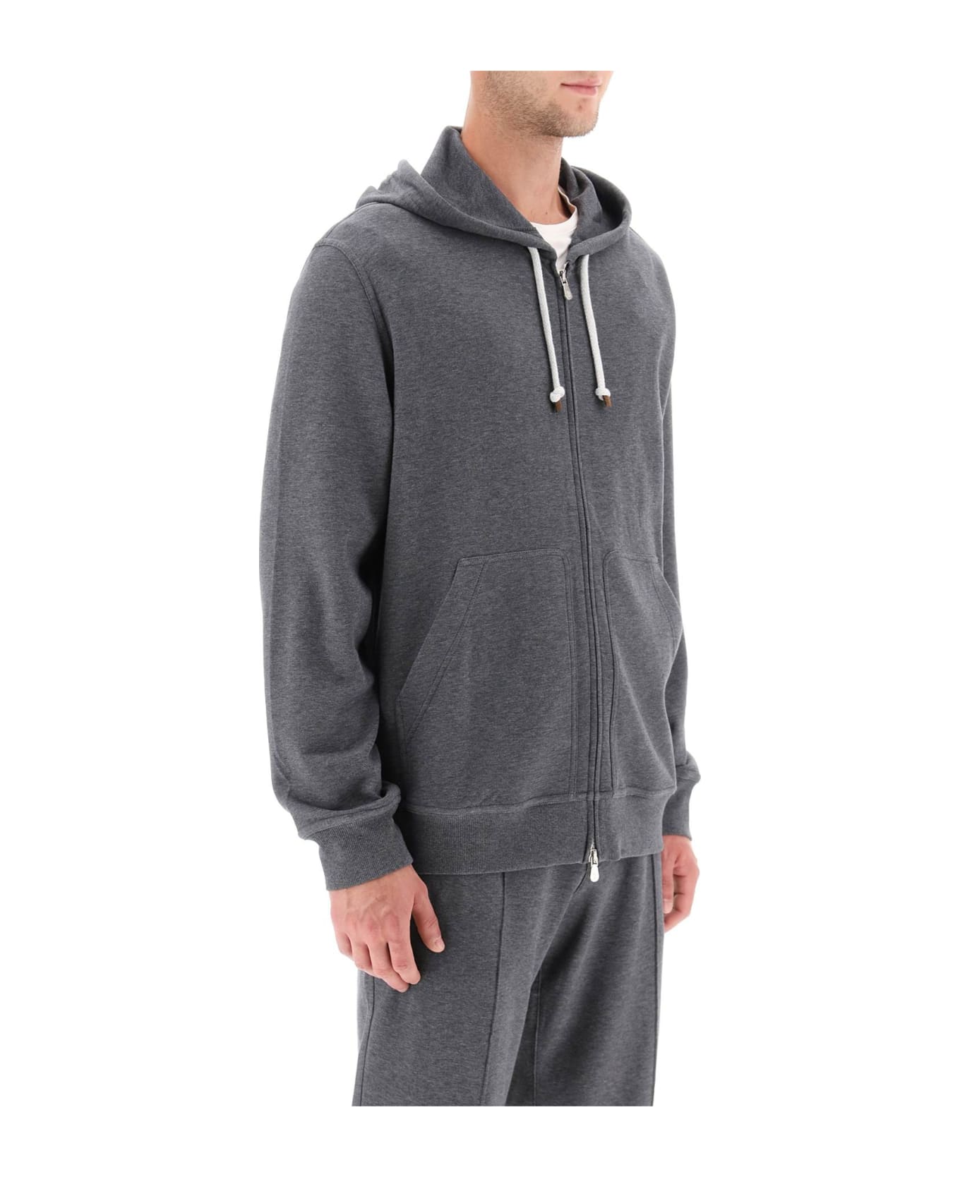 Brunello Cucinelli Hoodie With Zipper In Techno Cotton - Grey
