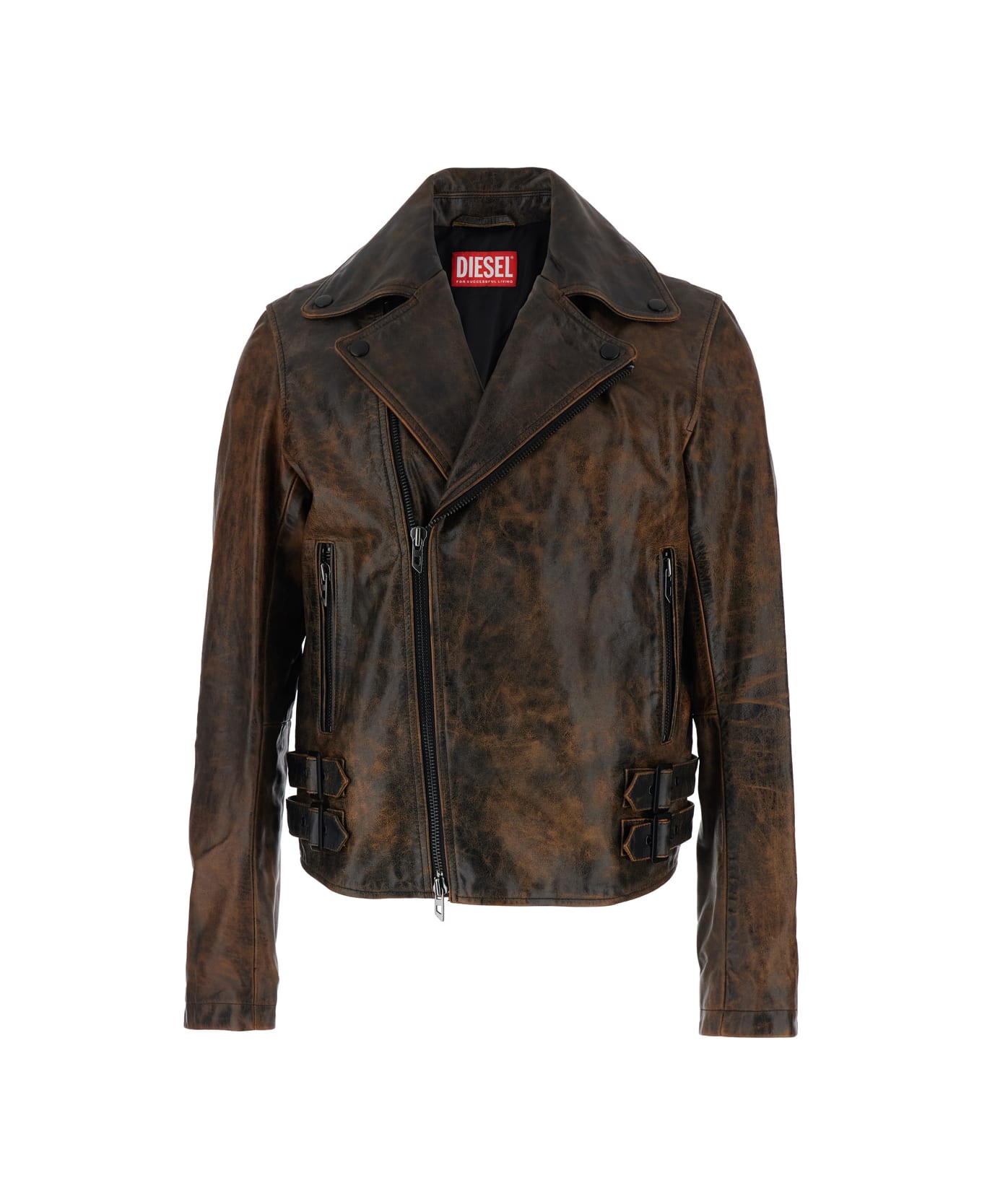 Diesel 'l-eon' Brown Biker Jacket With Classic Wide Lapel And Distressed Look In Leather Man - Brown