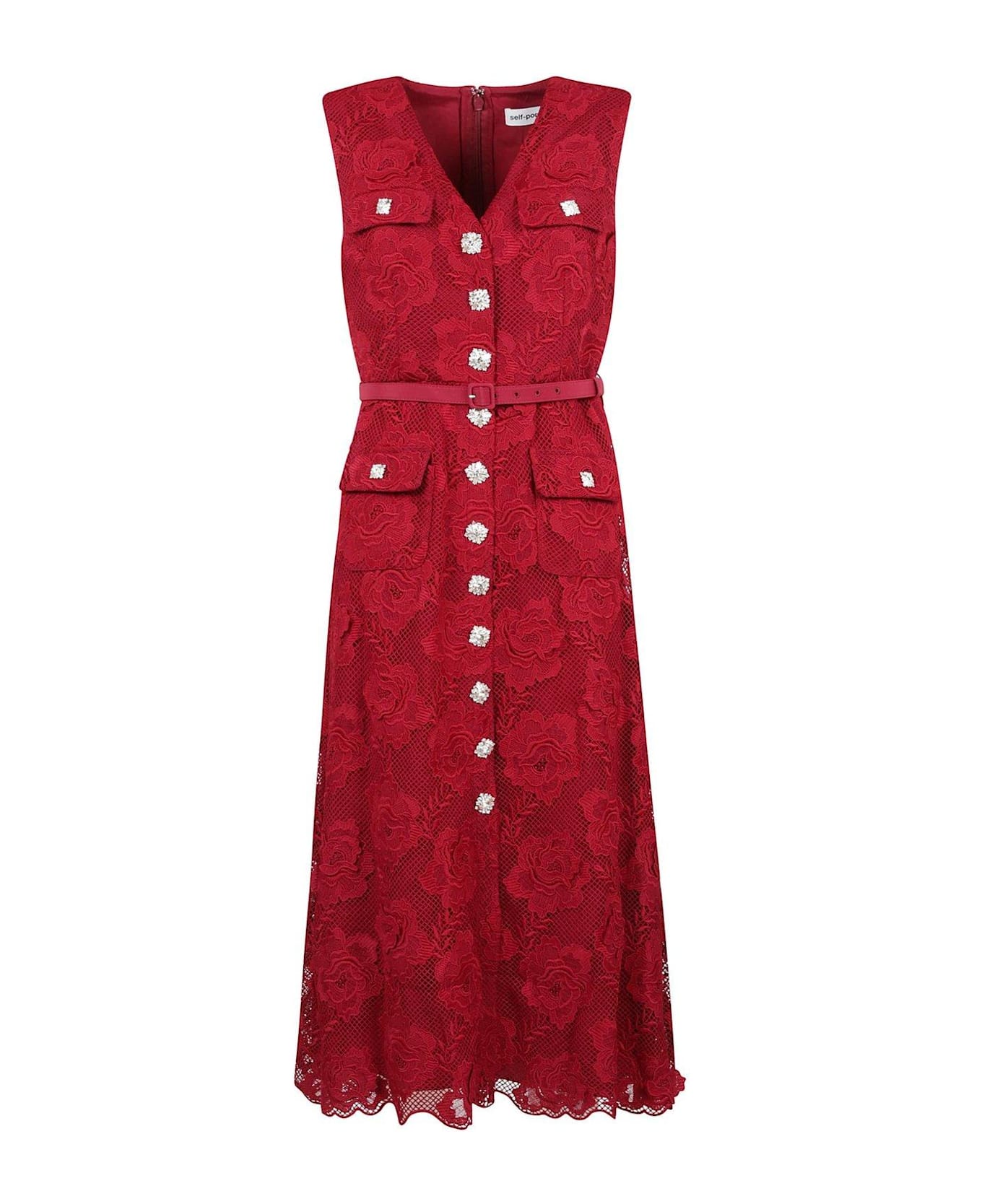 self-portrait Lace Buttoned Midi Dress - Bordeaux
