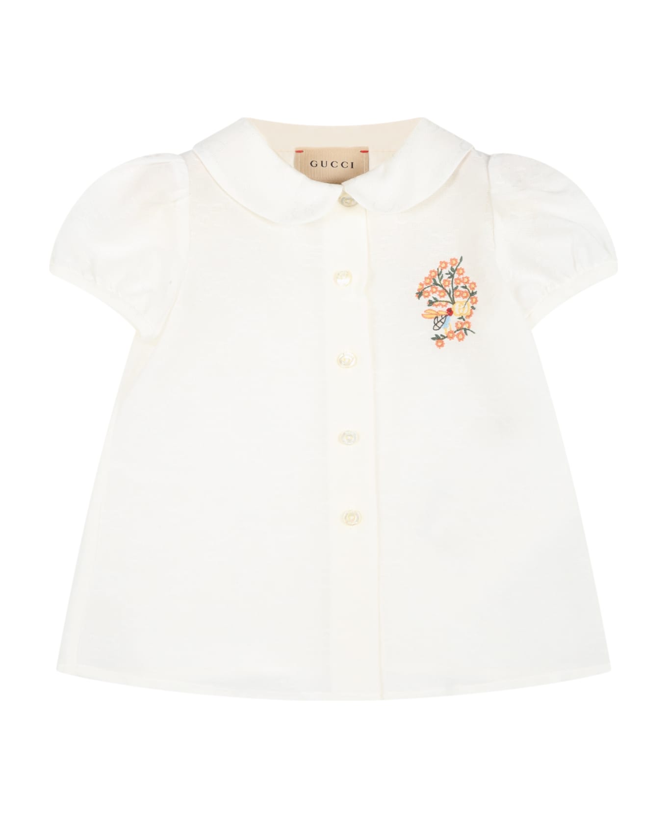 Gucci White Shirt For Baby Girl With Flowers And Logo - White