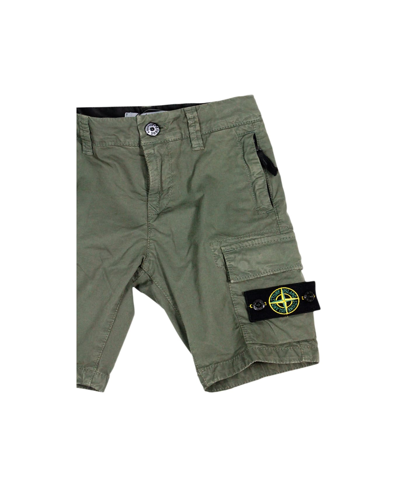Stone Island Junior Stretch Cotton Cargo Shorts With Pockets And Logo On The Leg Pocket - Military