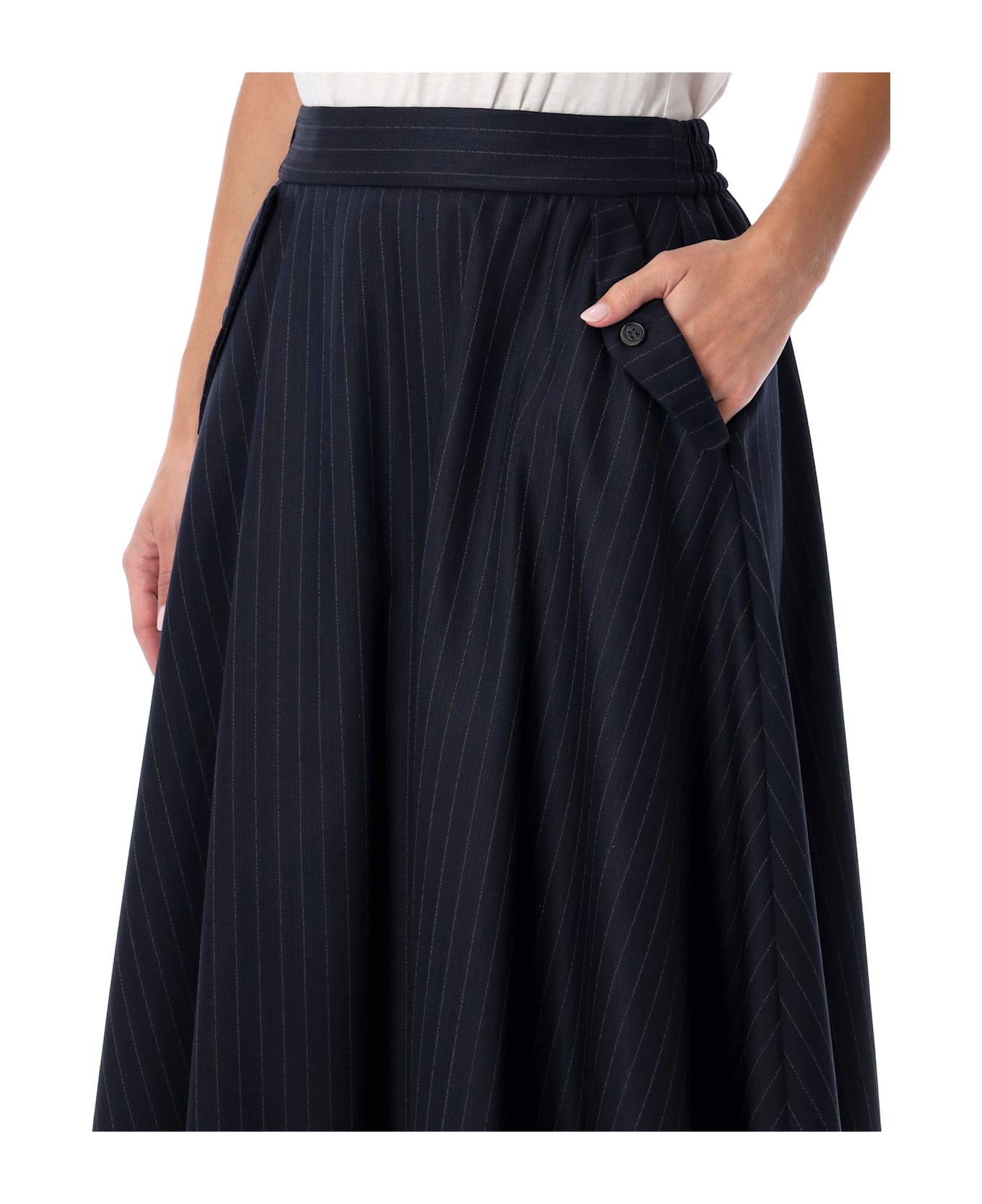 Golden Goose Navy Blue Wool Pint-striped Midi Skirt - DARK NAVY