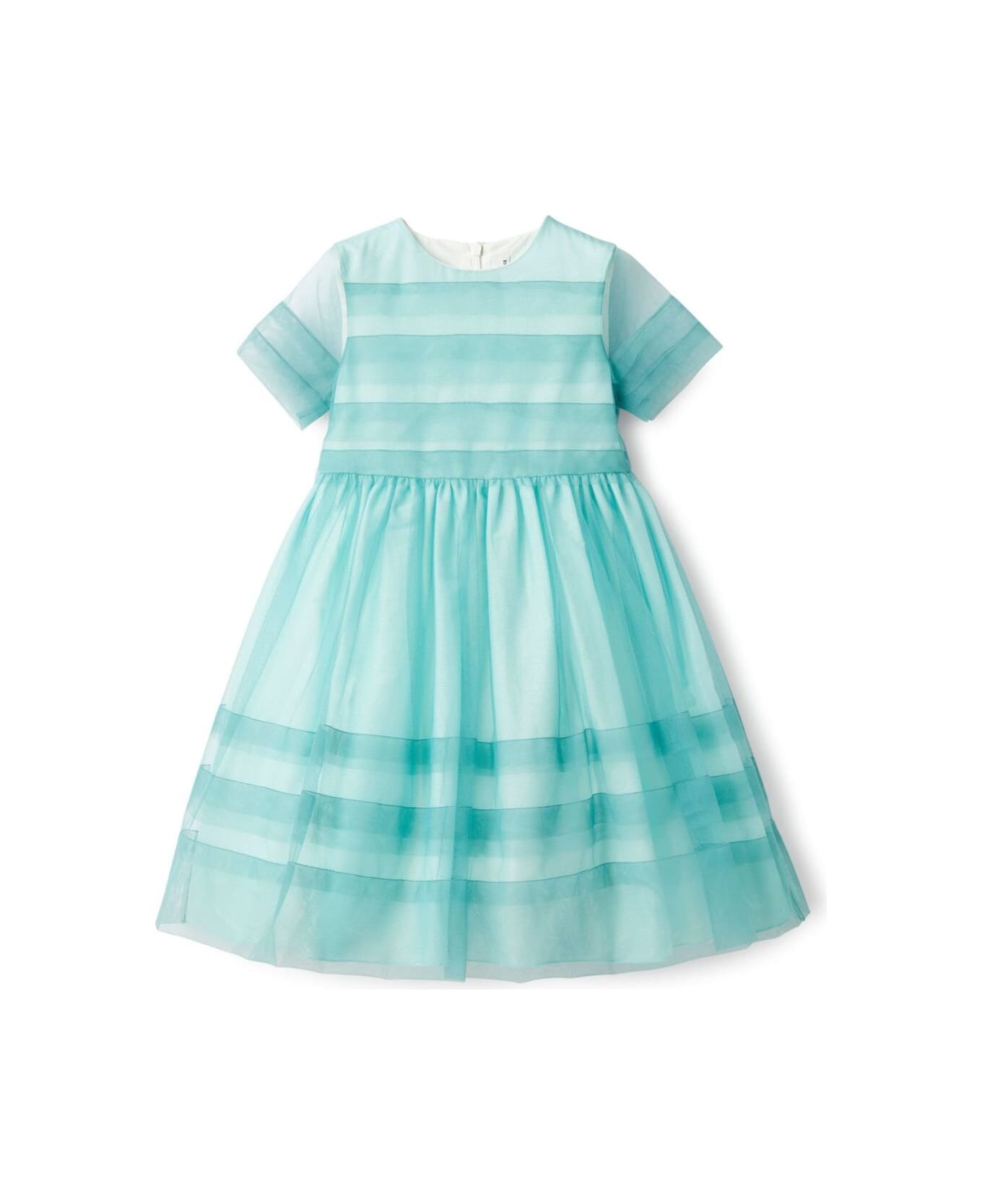 Il Gufo Green Crewneck Dress With All-over Striped Motif And Tulle Lining In Tech Fabric Girl - Multicolor