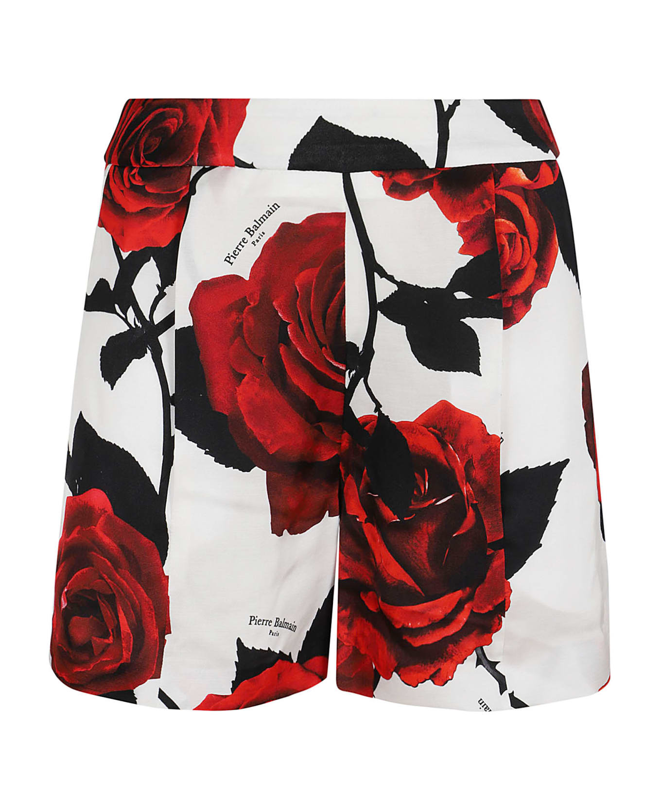 Balmain Hw Red Roses Print Satin Shorts - Gqx Blanc Rouge Fonce Noir
