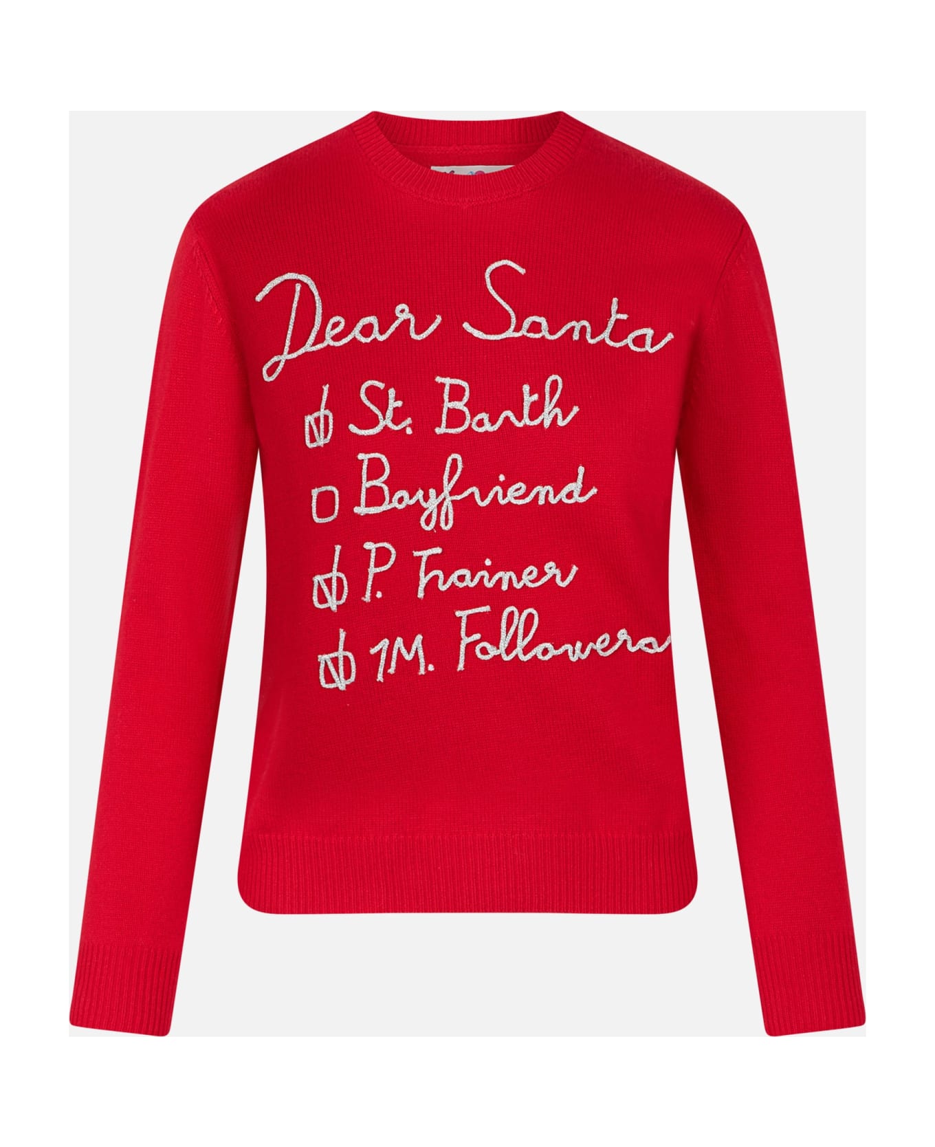 MC2 Saint Barth Woman Brushed Sweater With Dear Santa List Embroidery - RED