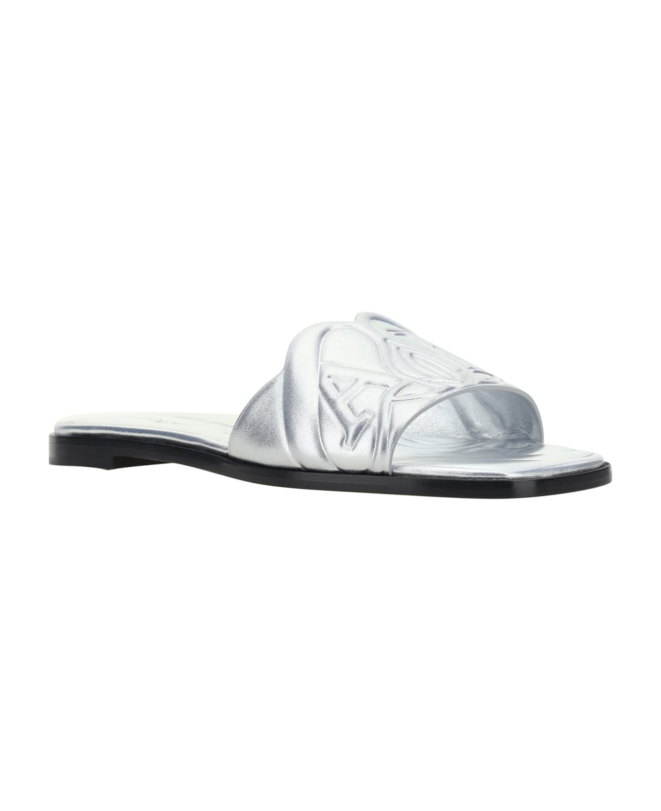 Alexander McQueen Metallic Flat Sandals With Embossed Motif - Silver