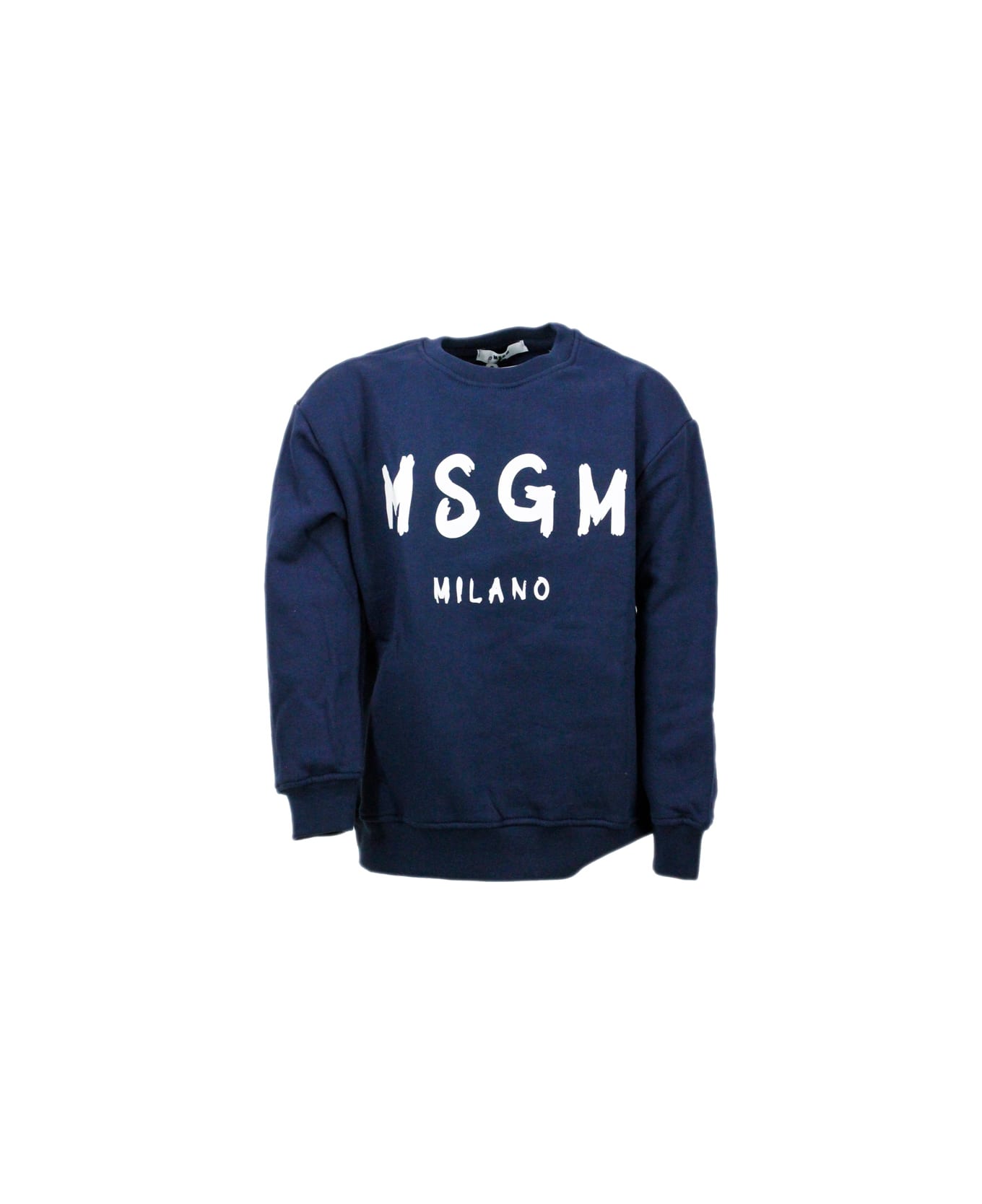 MSGM Long-sleeved Crewneck Sweatshirt With Logo Lettering - Blu ニットウェア＆スウェットシャツ