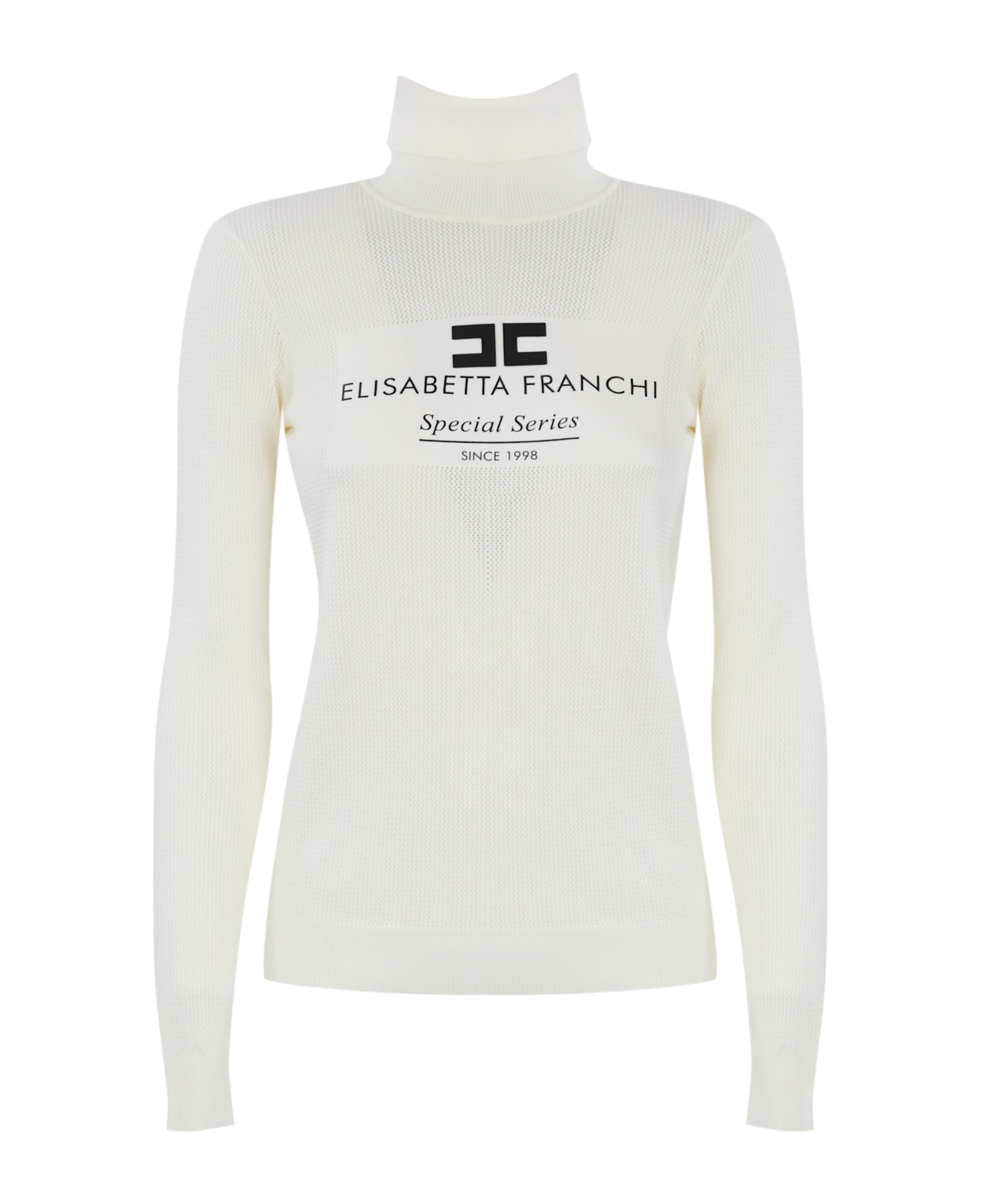 Elisabetta Franchi Turtleneck In Mesh Stitch Viscose Knit With Logo Inlay - Avorio