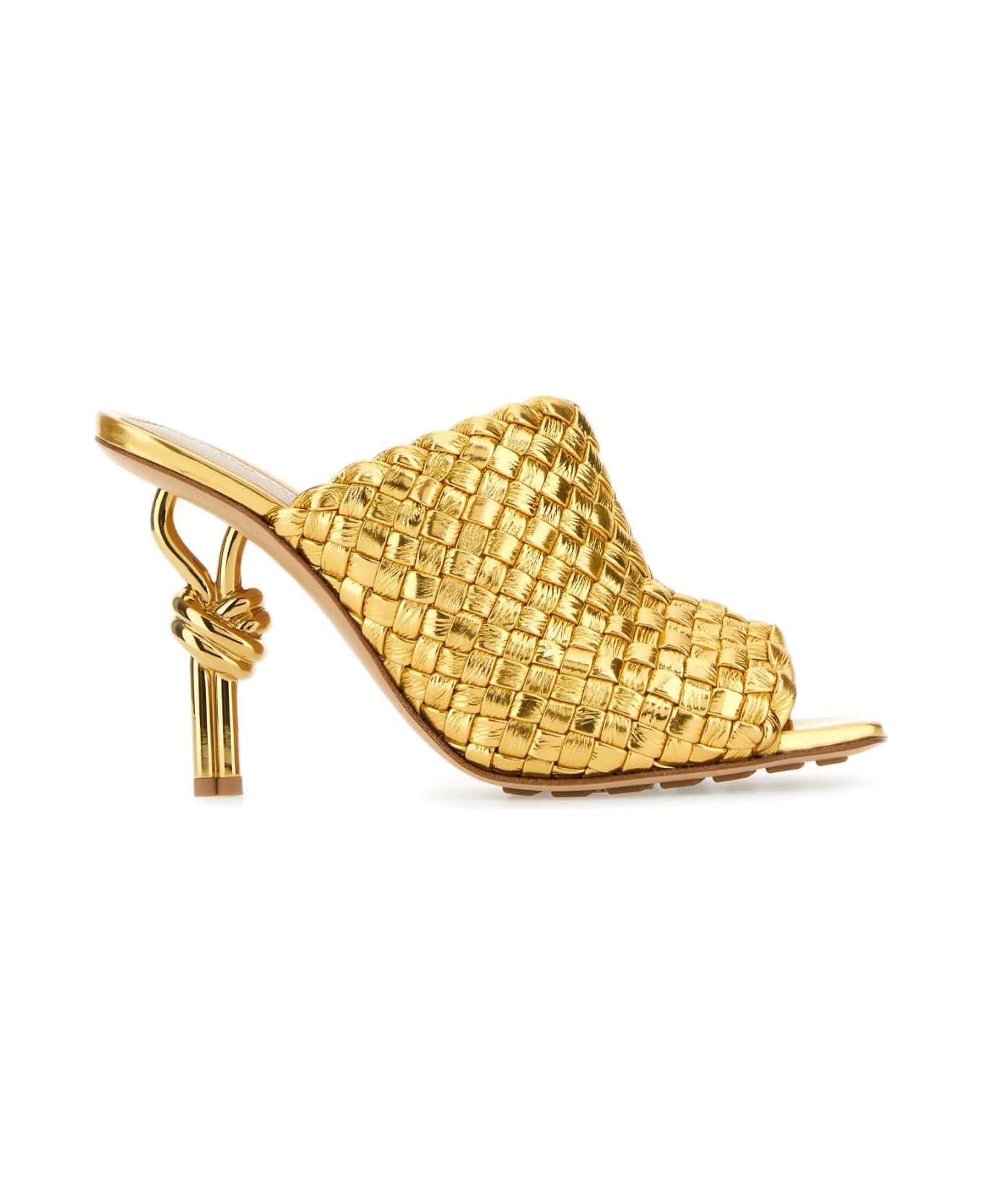 Bottega Veneta Golden Leather Knot Mules - GOLD