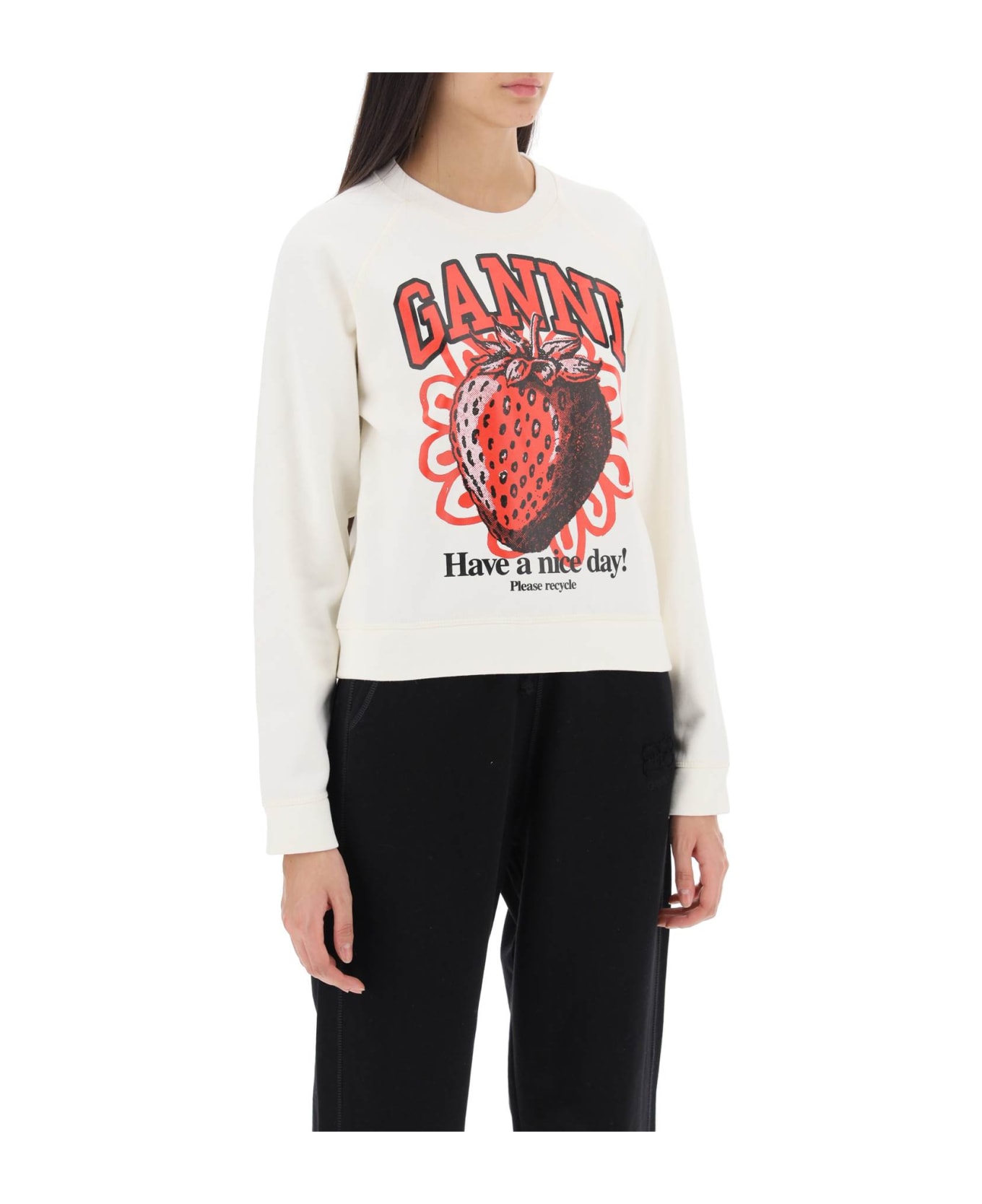 Ganni Crew-neck Sweatshirt With Graphic Print - VANILLA ICE (White)