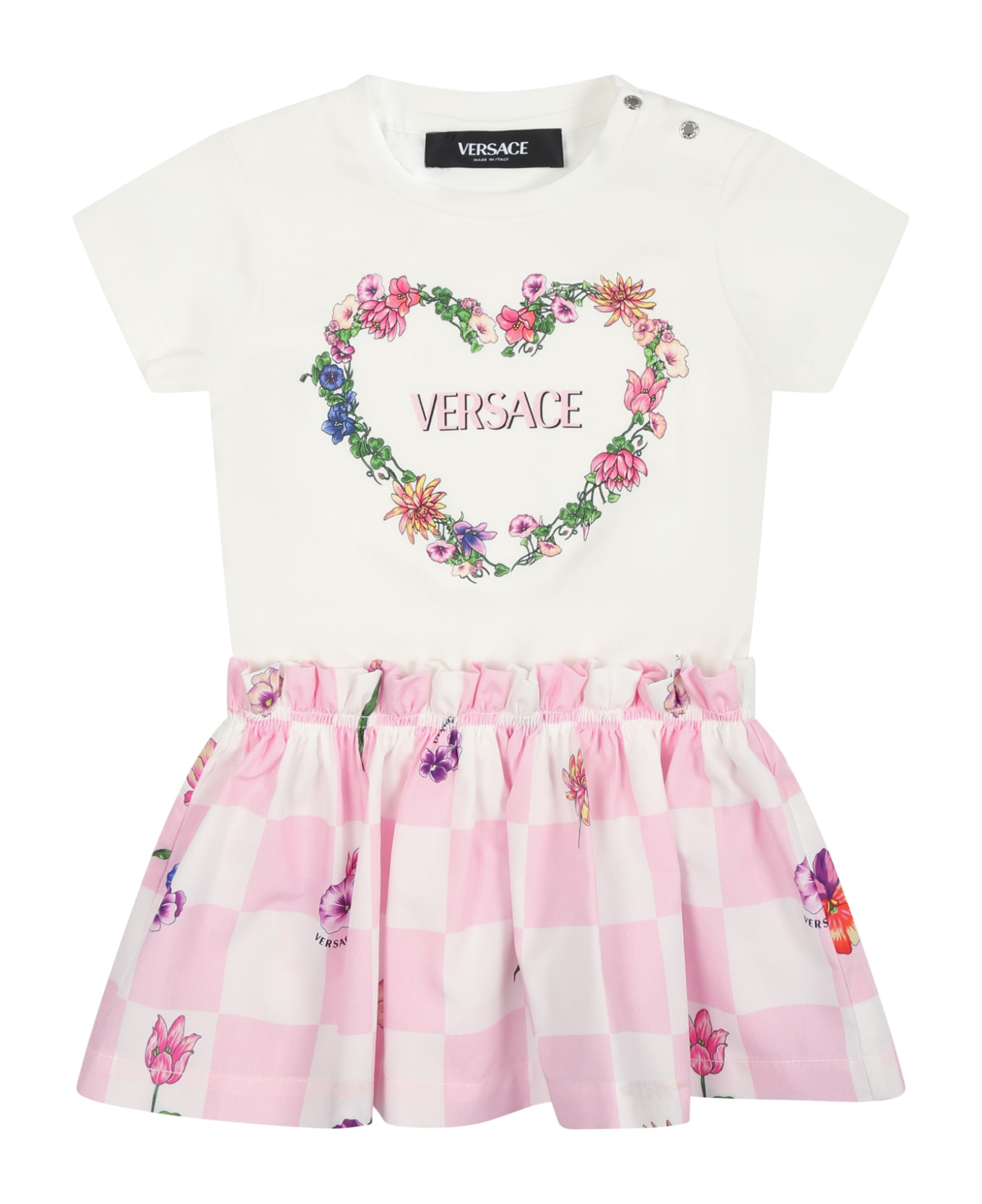 Versace White Dress For Baby Girl With Multicolor Print - White