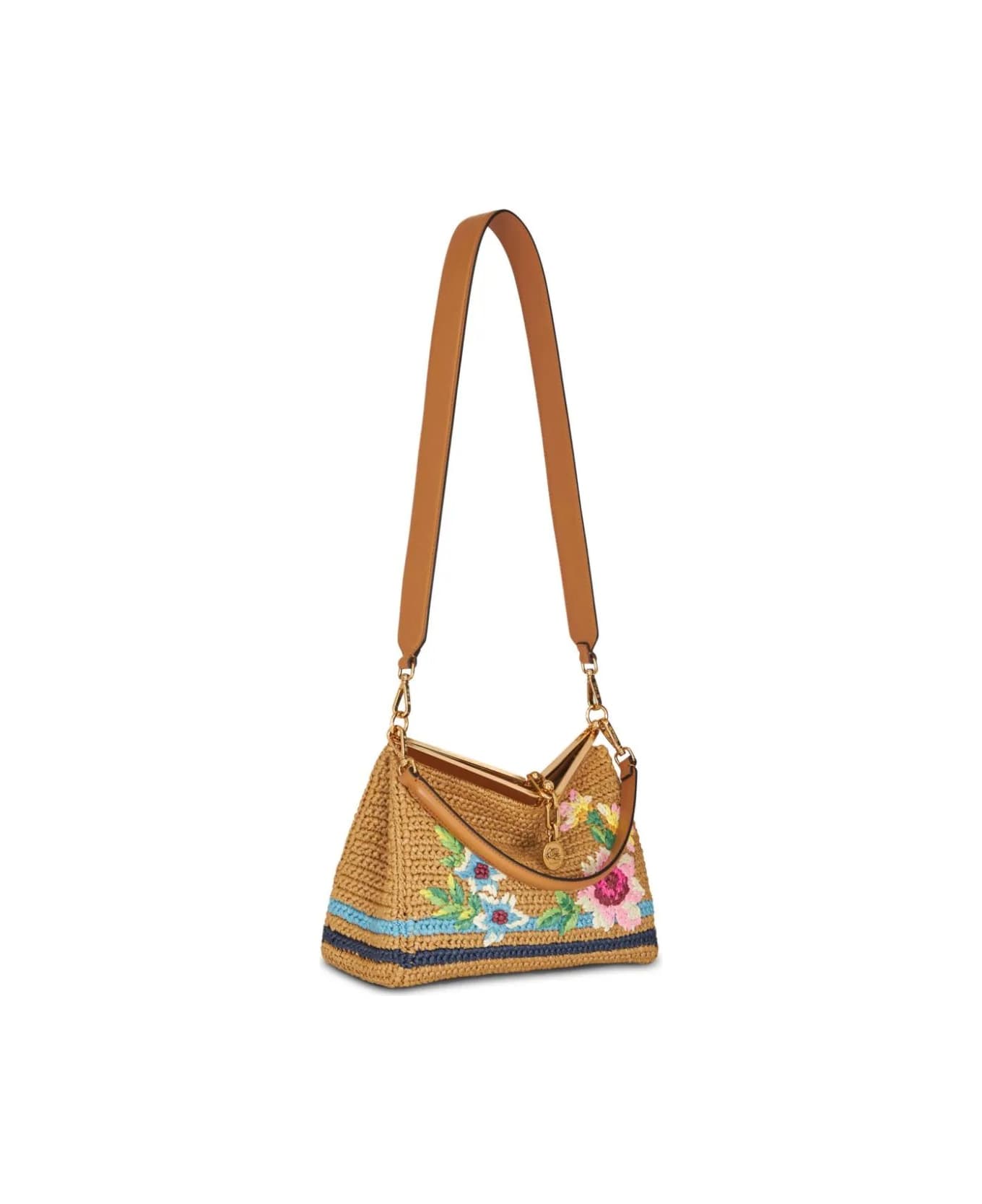 Etro Vela Medium Bag In Raffia With Embroidery - Brown