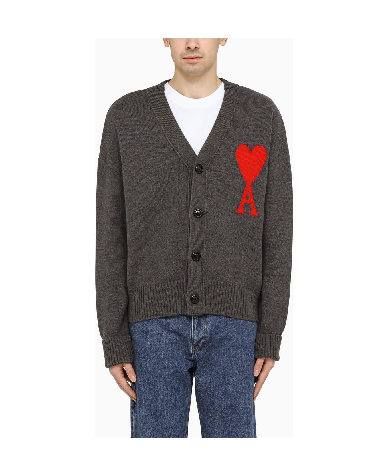 Ami Alexandre Mattiussi Ami De Coeur Grey Wool Cardigan - GREY/RED