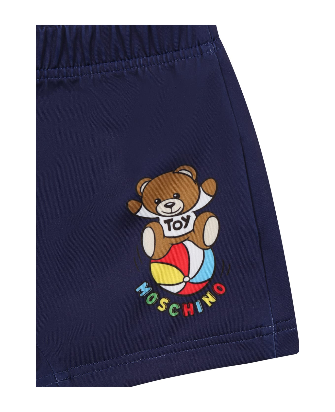Moschino Blue Swim Shorts For Baby Boy With Teddy Bear And Multicolor Logo - Blue
