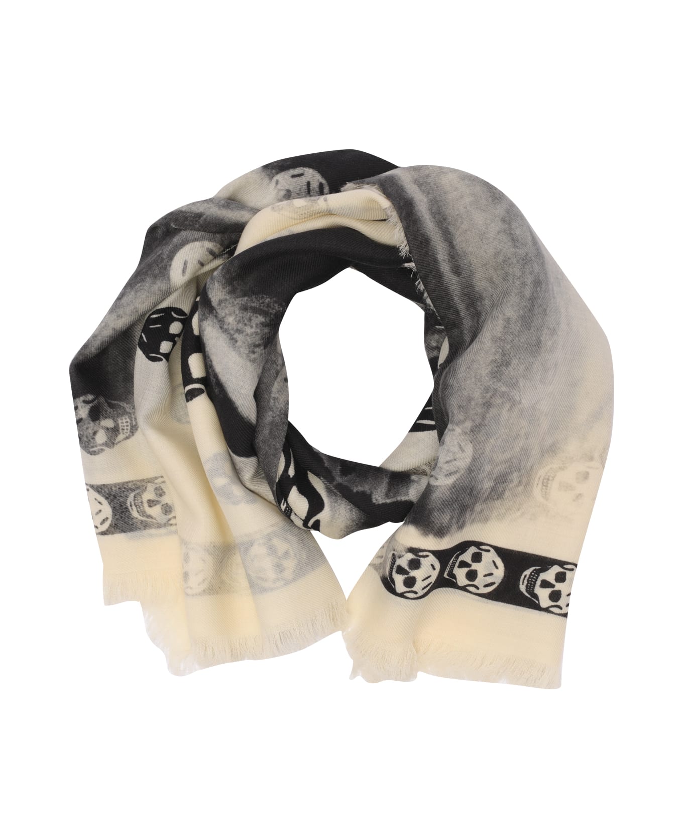 Alexander McQueen Classic Skull Scarf With Orchid Print In Ivory And Black - Bianco